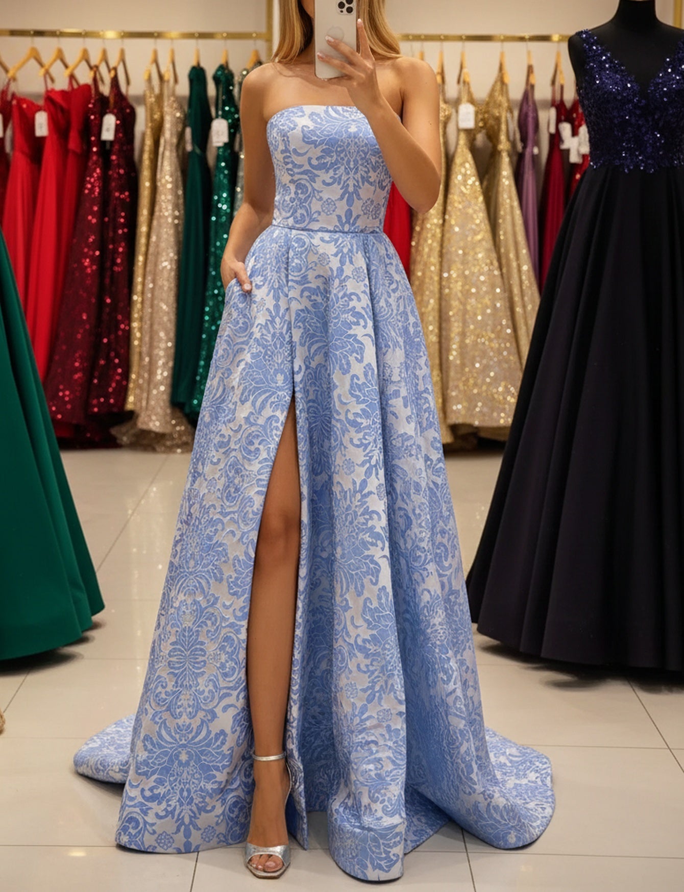 Strapless Corset Lace Up Long A-Line Prom Dress With Slit And Pocket - Blue Floral
