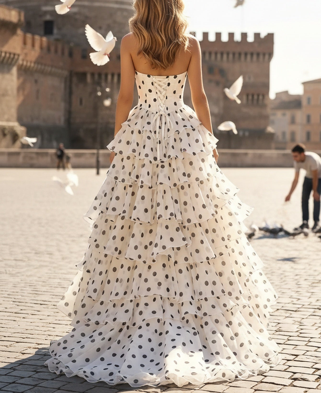 Sweetheart Lace Ruffle Hem Black Polka Dot Long Ball Gown Prom Dress With Slit - White