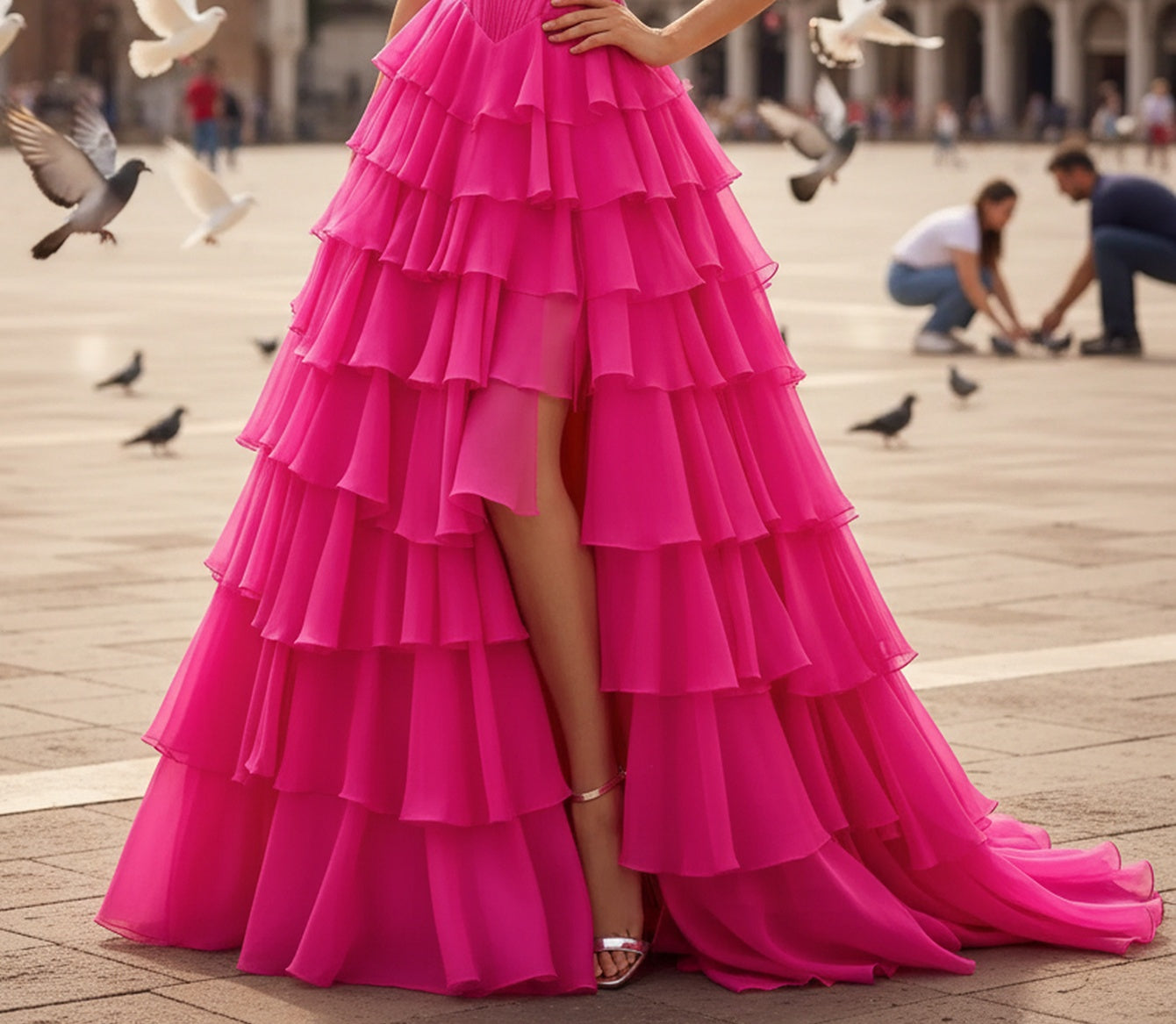Crystal Corset Layered Ruffle Hem Long Prom Dress With Slit - Hot Pink