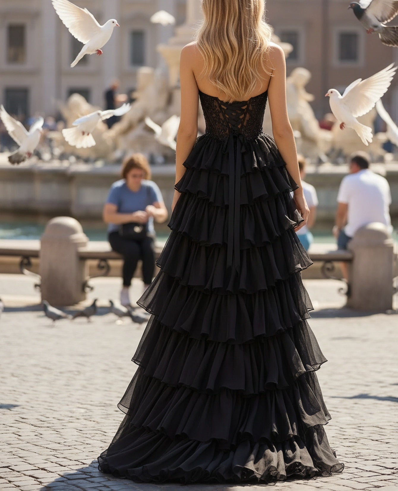 Sparkly Beading Cut Front Long Layered Ruffle Hem Prom Dress With Slit - Black