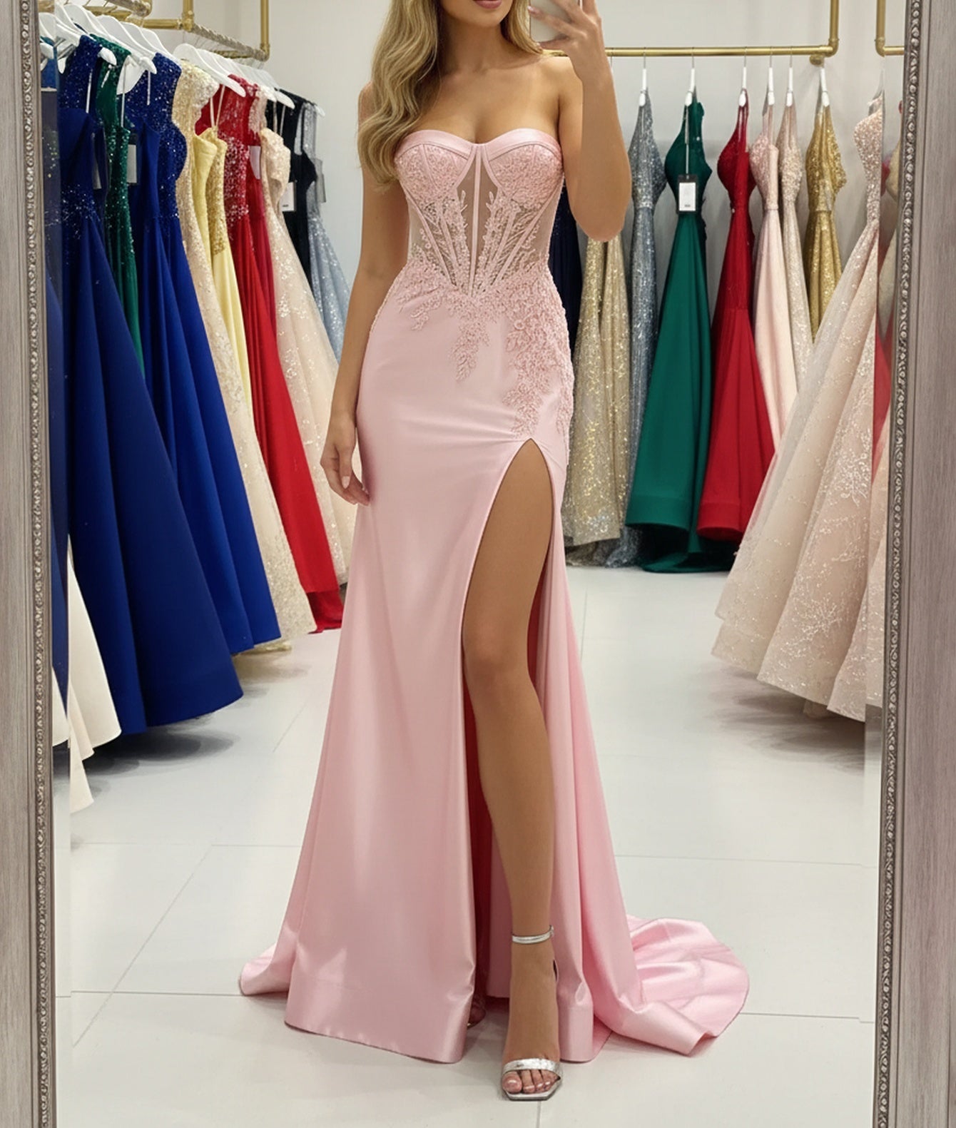 Lace Illusion Corset Lace Up Long Mermaid Prom Dress With Slit