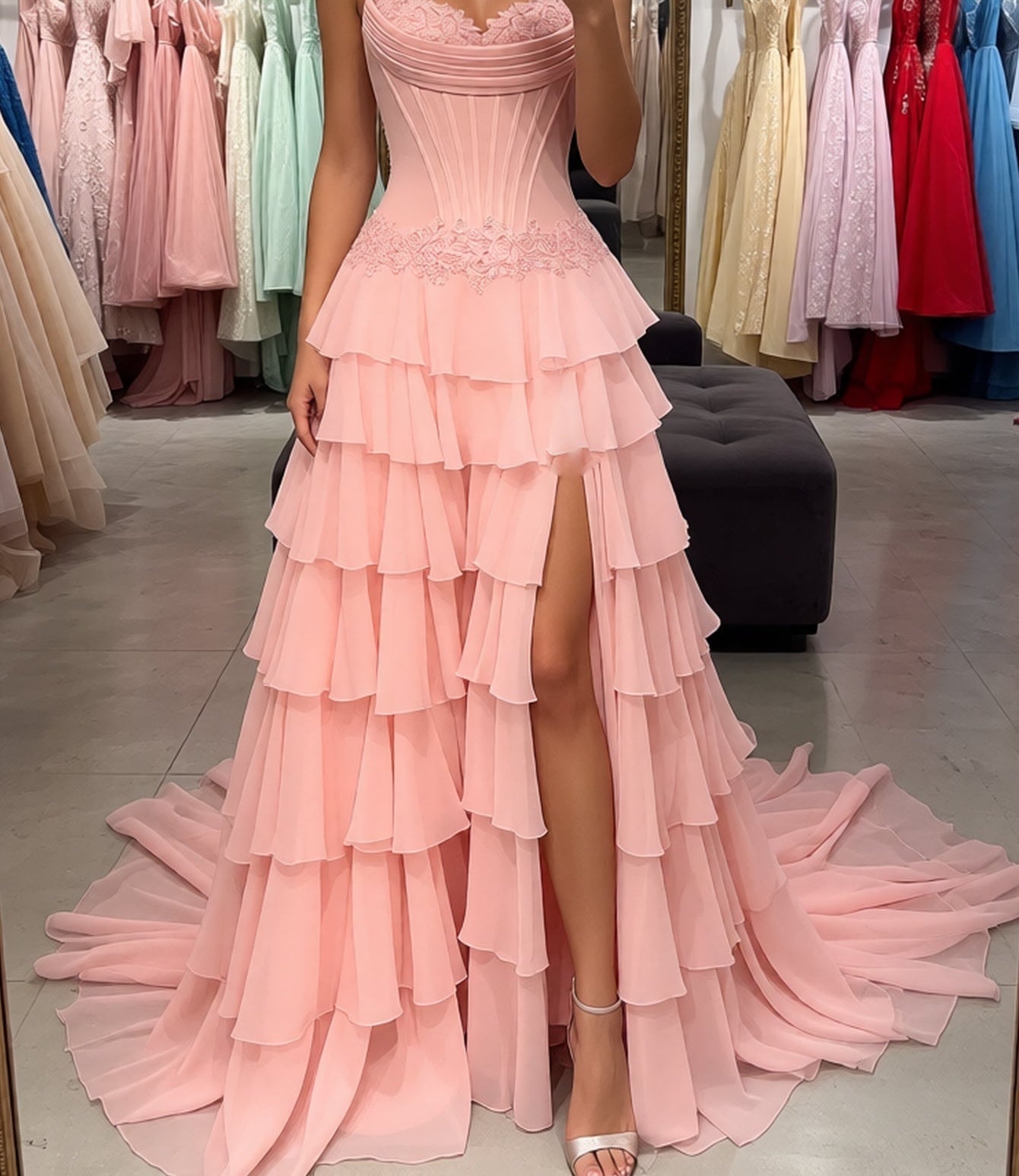 Lace Ruched Bust Layered Ruffle Hem Long Ball Gown Prom Dress With Slit - Light Pink