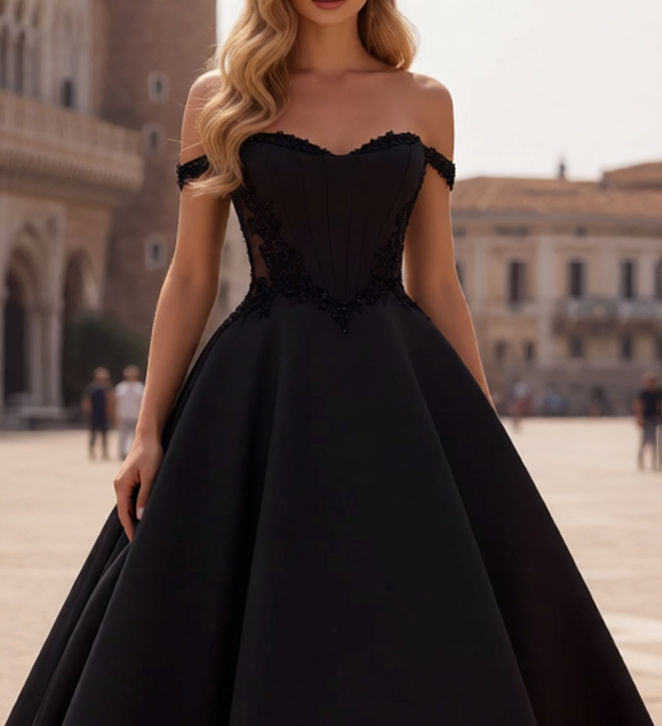 Off Shoulder Sparkly Beading Illusion Long Ball Gown Prom Dress With Pockets - Black
