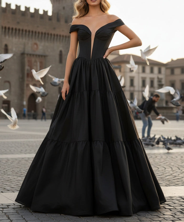 Black Ball Gown Deep V-Neck Long Sleeves Appliques Overskirt Evening Dresses Prom Dress   cg10234 main image 0