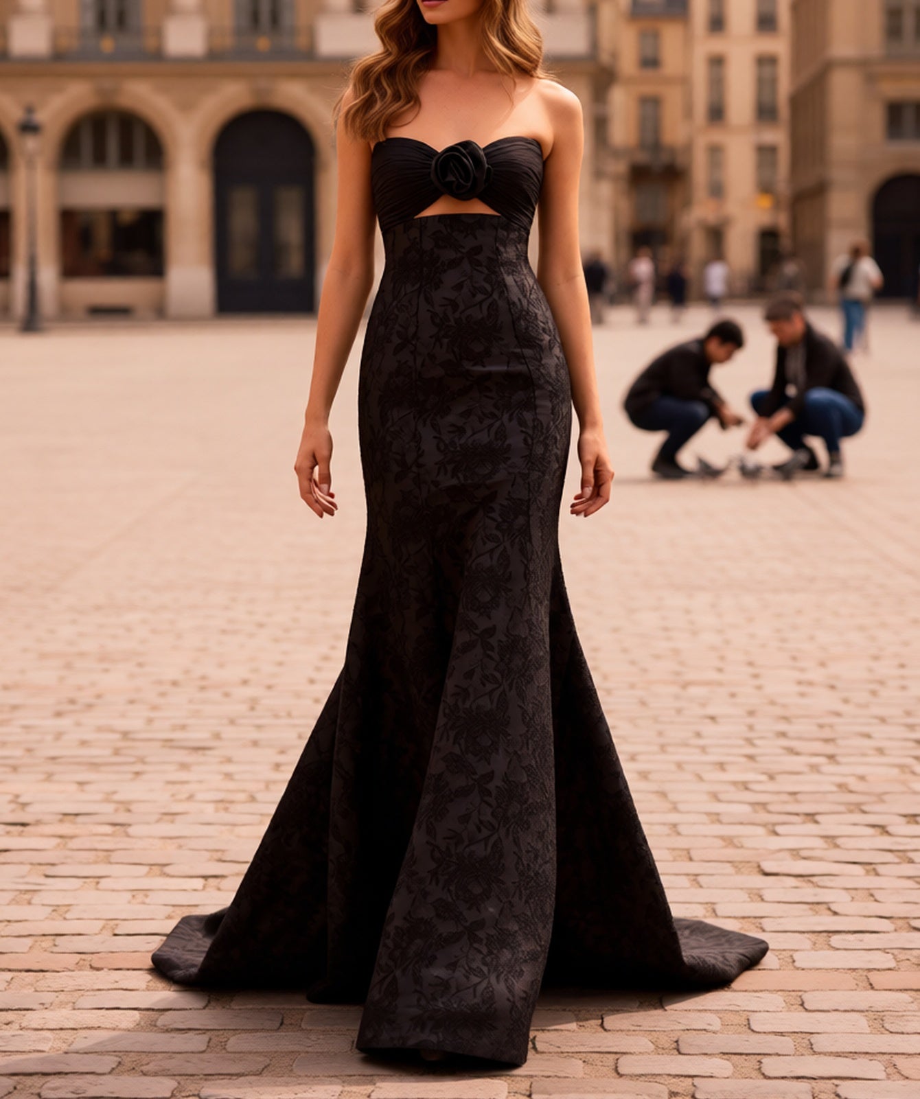 3D Flower Pleated Cut Front Embroidery Lace Up Bodice Long Mermaid Prom Dress - Black