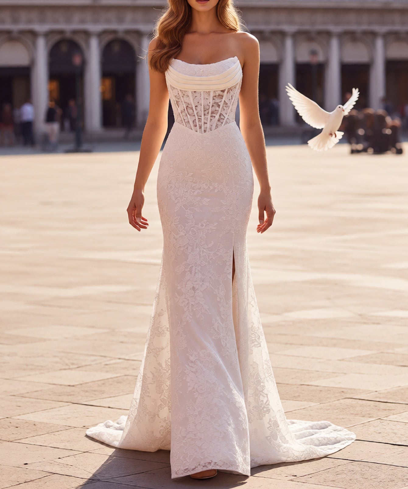 Ruched Embroidery Illusion Lace Up Bodice Long Mermaid Prom Dress With Slit - White