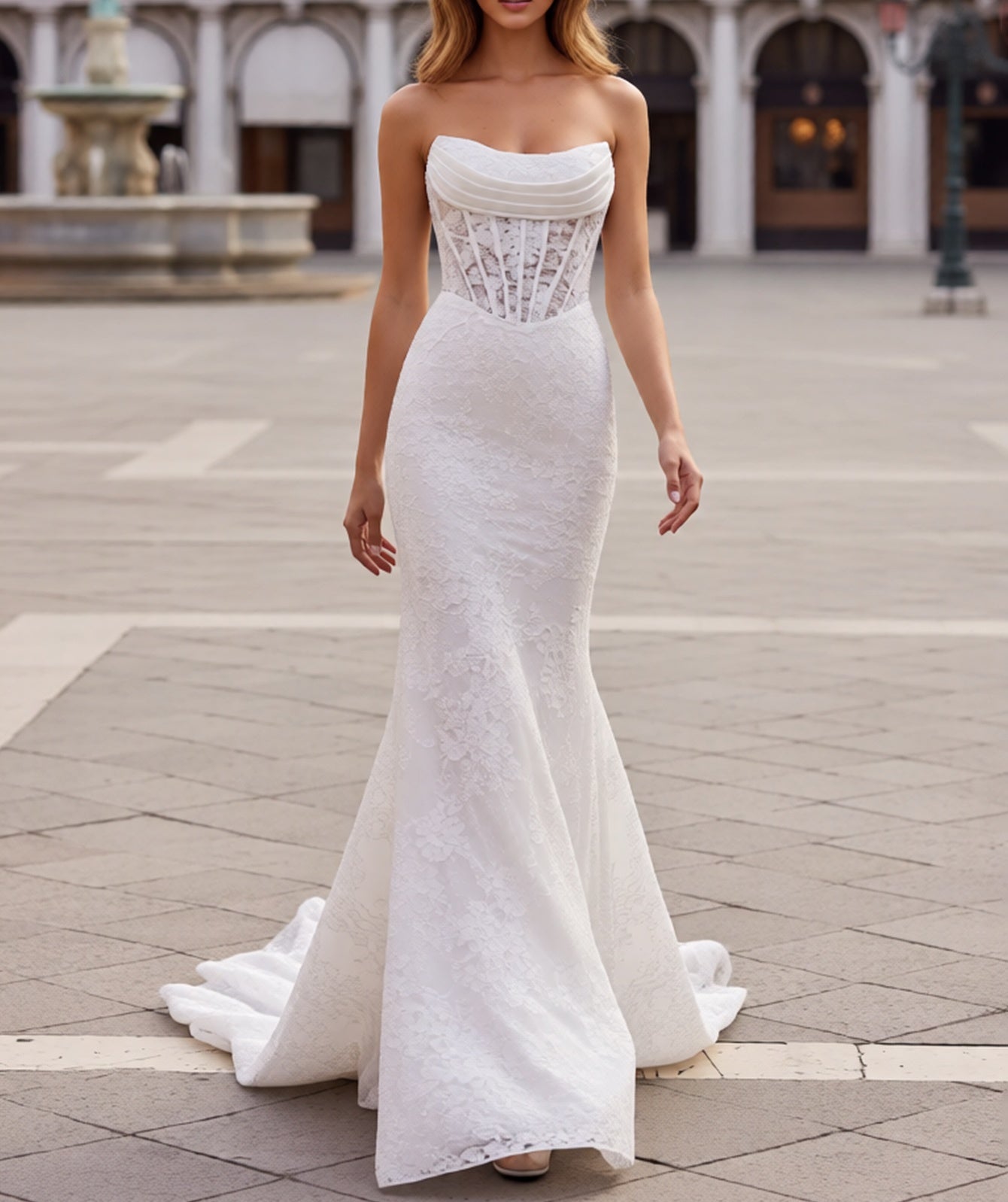 Ruched Embroidery Lace Up Illusion Bodice Long Mermaid Prom Dress