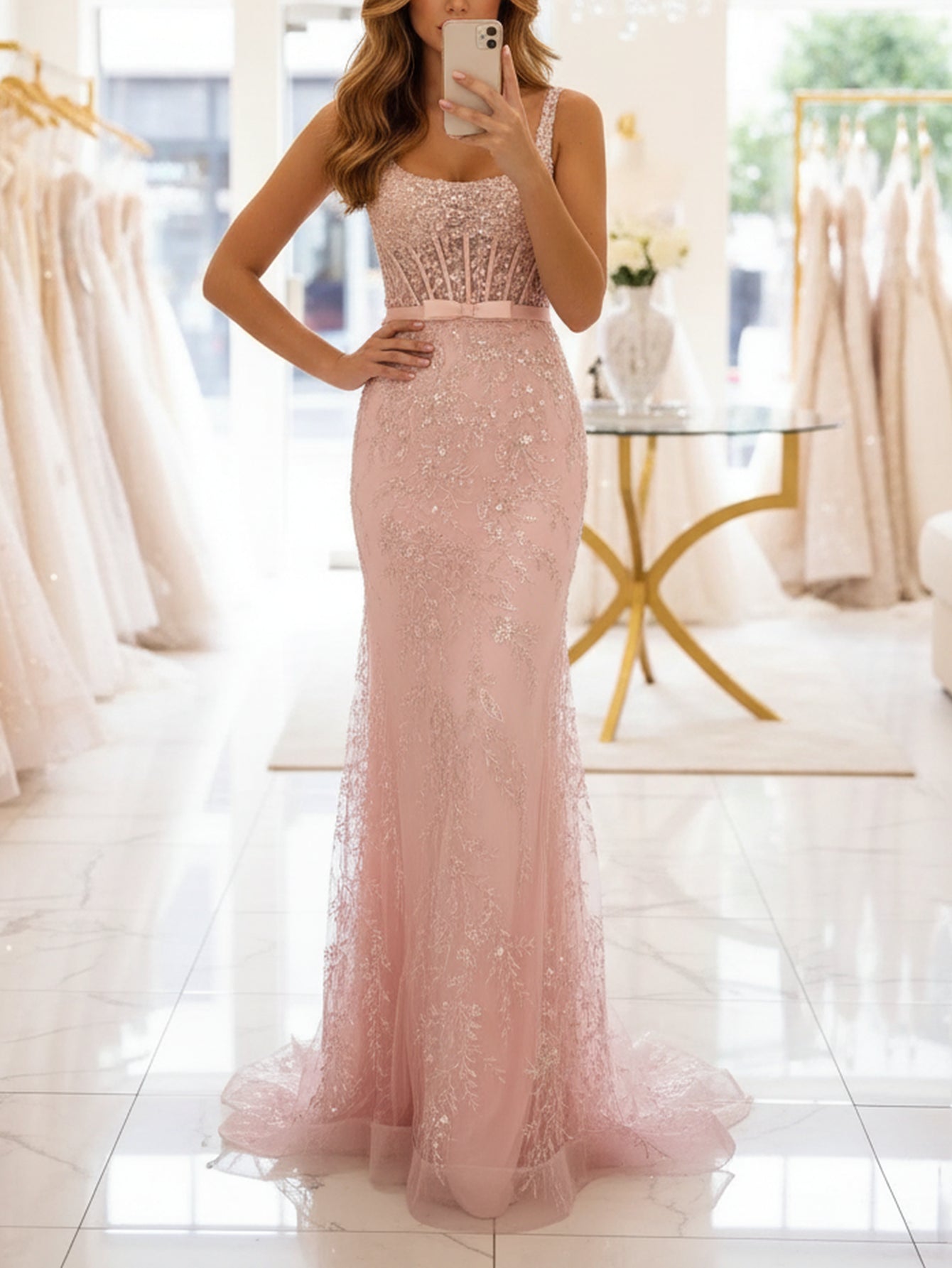 Sparkly Illusion Bow Front Bodice Long Mermaid Prom Dress