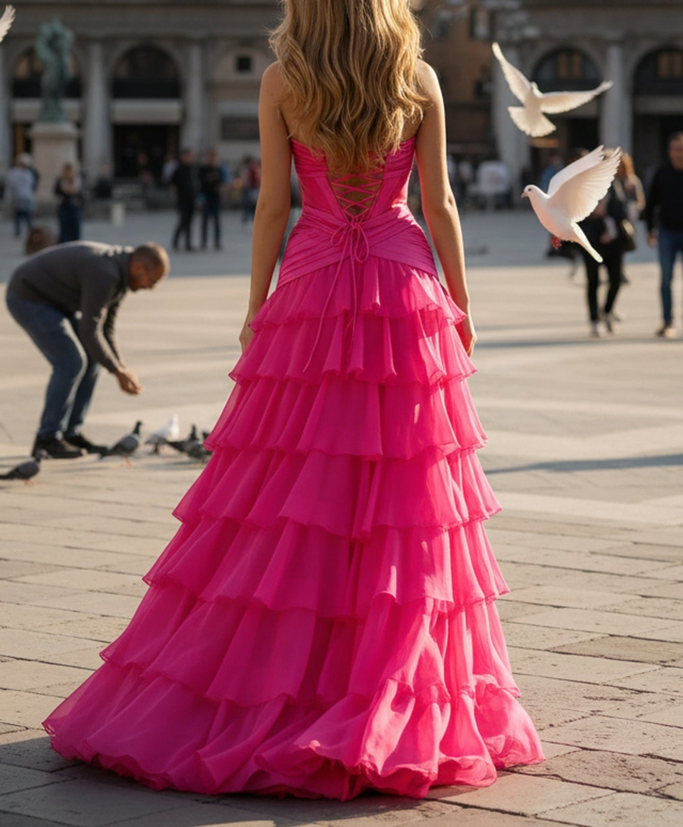 Ruffle Ruched Lace Up Bodice Long A-Line Prom Dress - Hot Pink