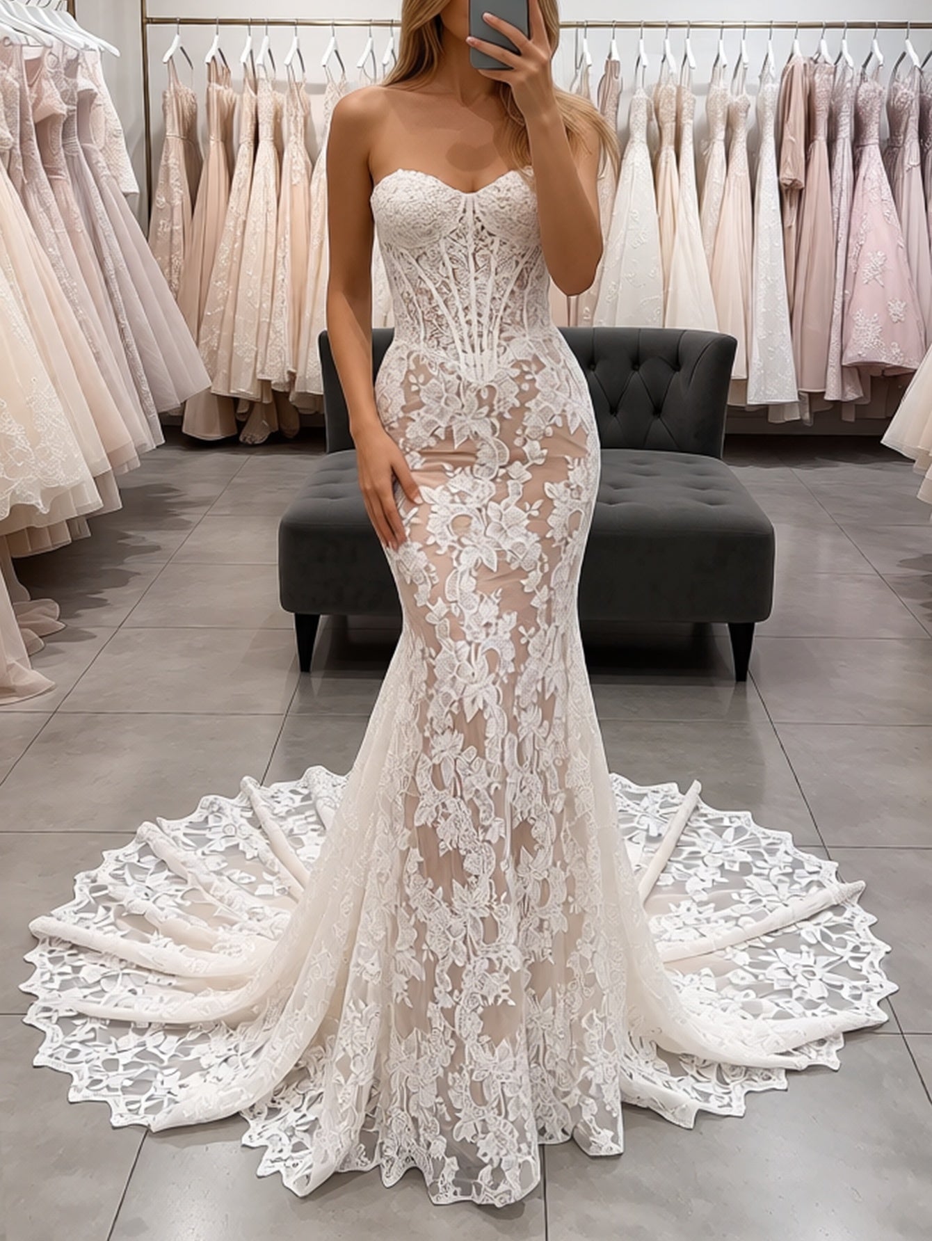 Embroidery Illusion Floral Lace Up Bodice Long Mermaid Prom Dress - White