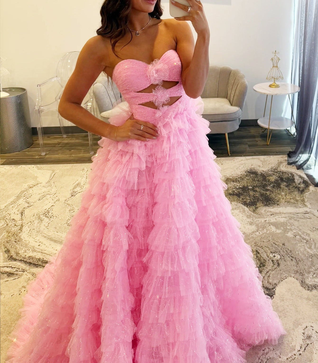 Cut Front 3D Rose Ruffle Ball Gown Prom Dress - Pink