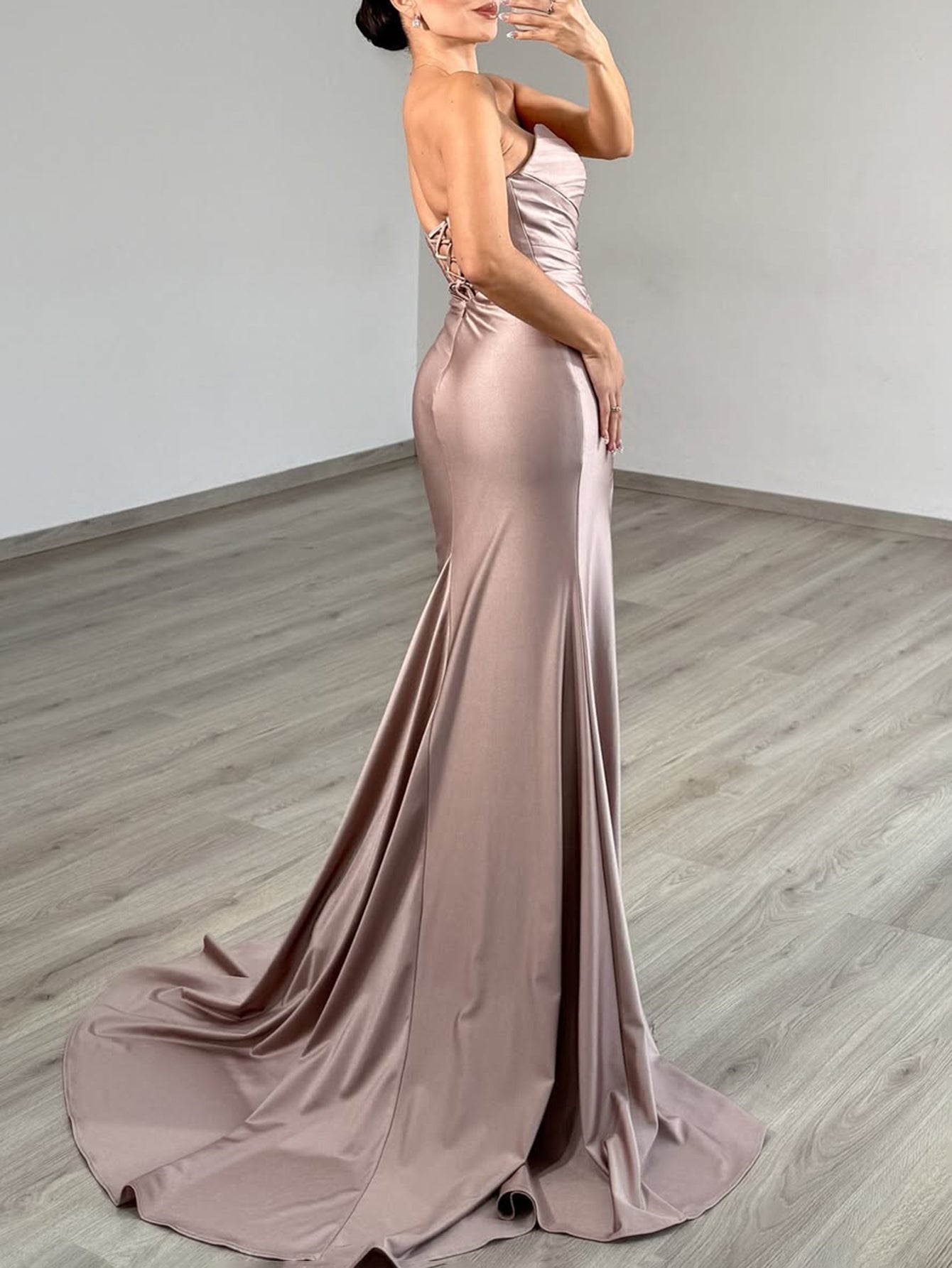 Sparkly Beading Lace Up Cut Front Ruched Bodice Long Mermaid Prom Dress  - Dusty Rose