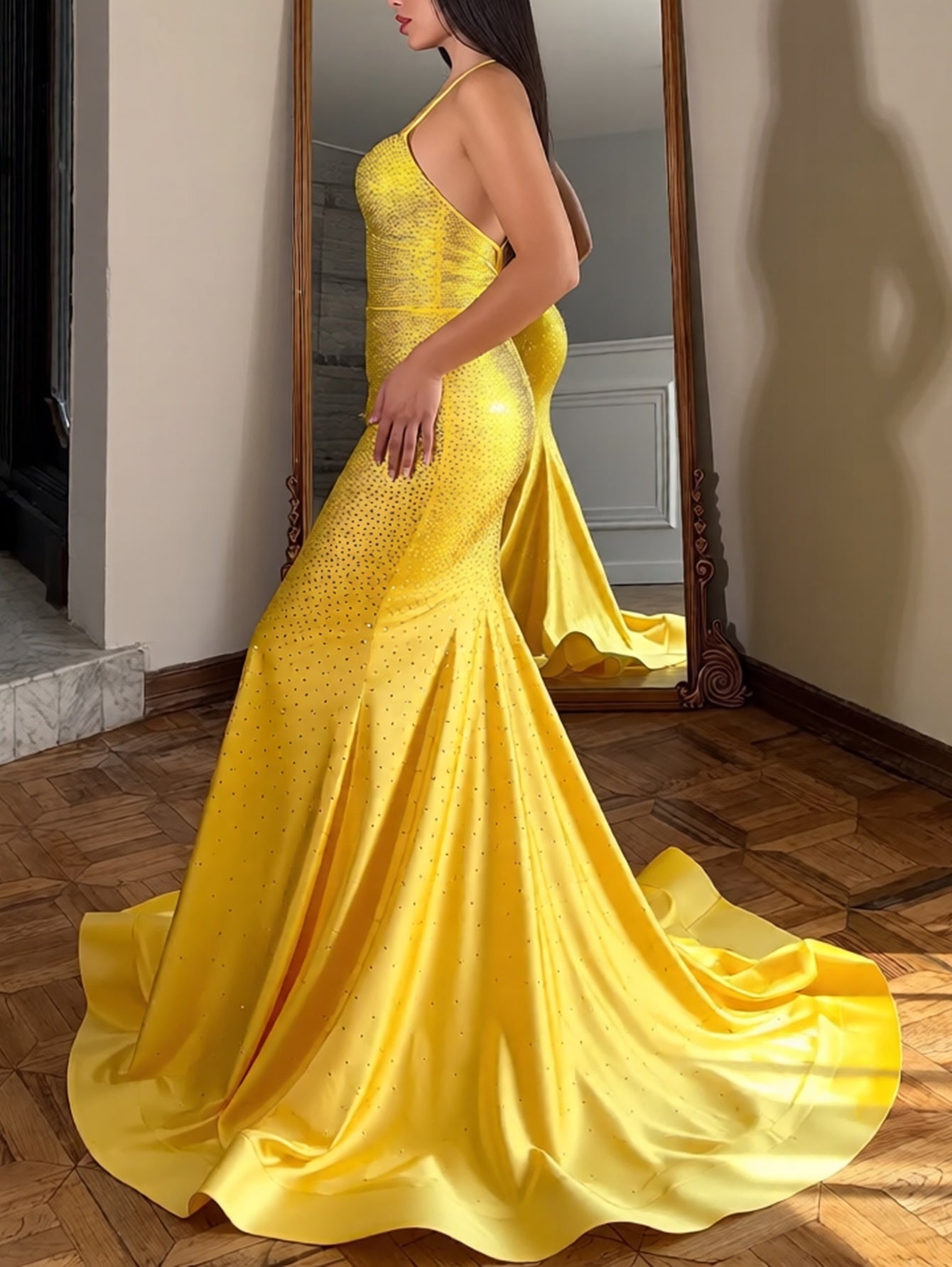 Sparkly Beading Lace Up Pleated Bodice Long Mermaid Prom Dress - Yellow