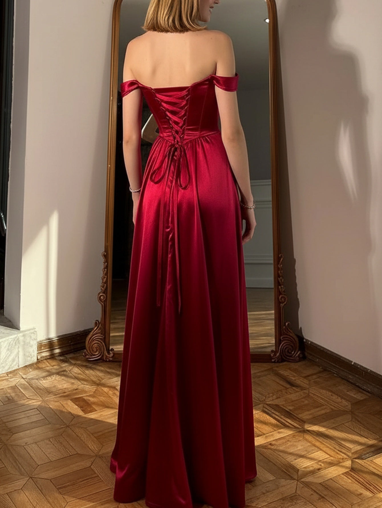 Lace Up Pleated Bodice A-Line Long Prom Dress With Detachable Strap - Red