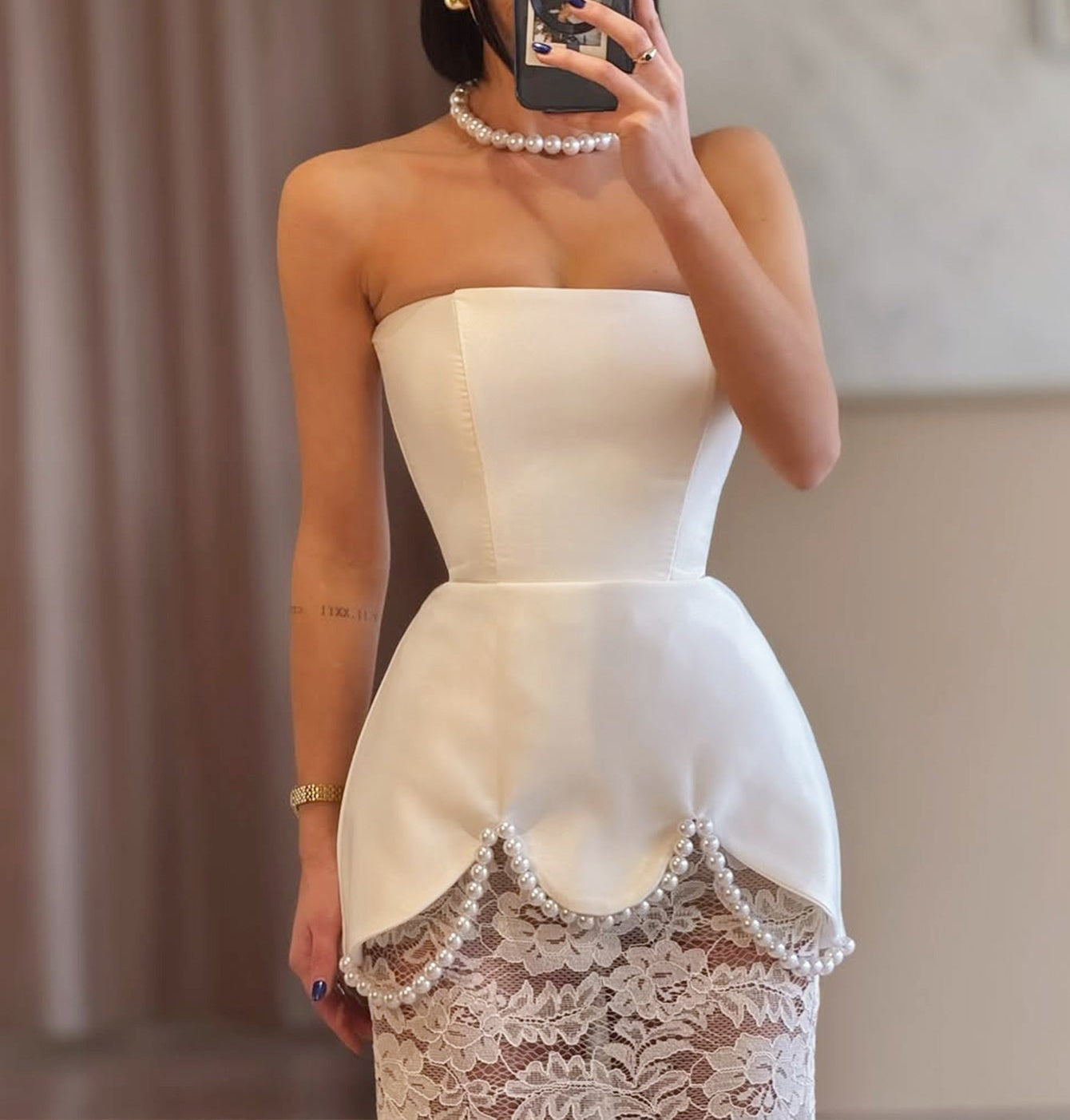 Sparkly Beading Two Pieces Lace Up Illusion Mermaid Bodice Prom Dress - White