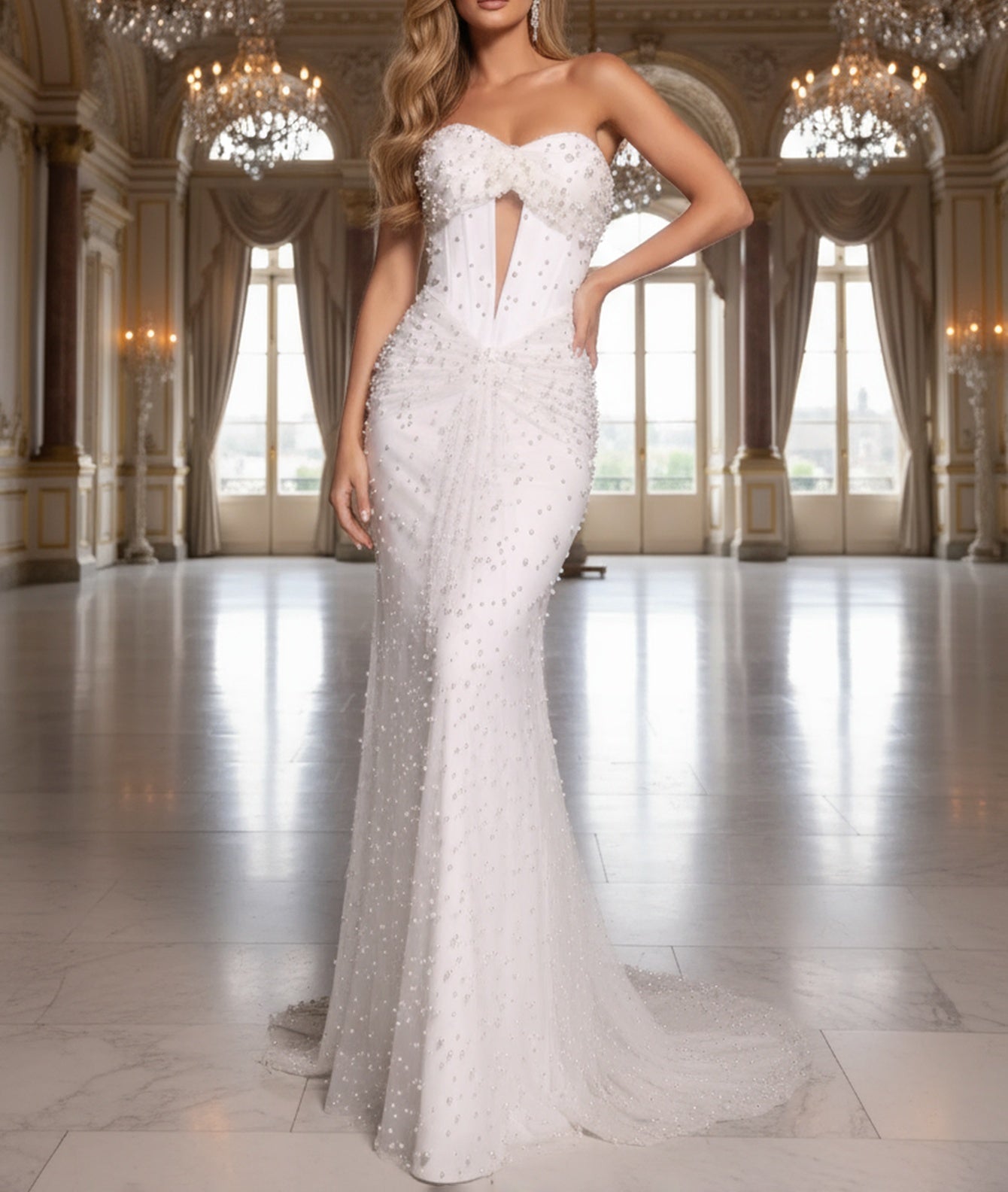 Sparkly Beading Cut Front Lace Up Ruched Mermaid Bodice Long Prom Dress - White
