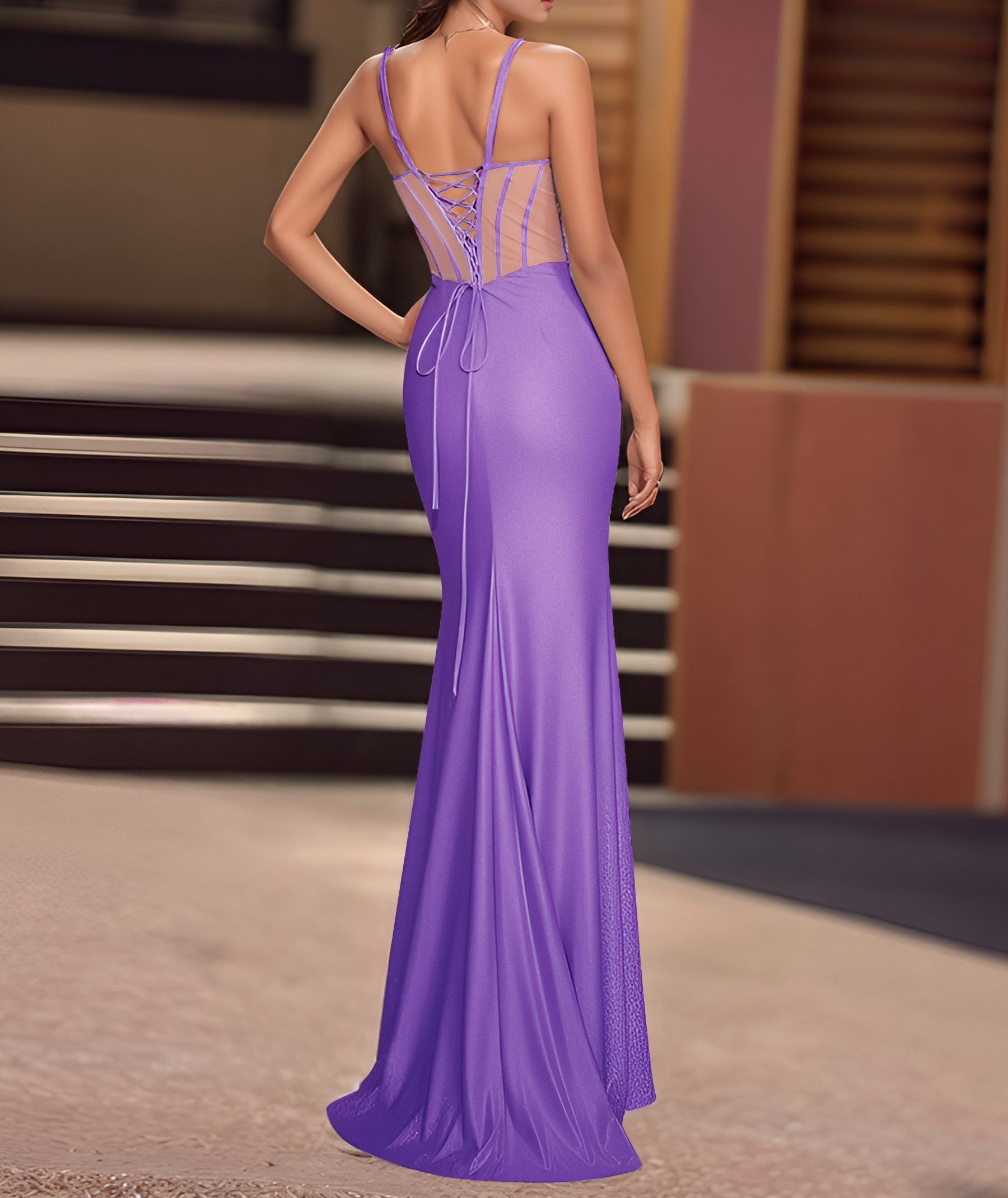 Sparkly Crystal Boned Illusion Mermaid Prom Dress - Lilac
