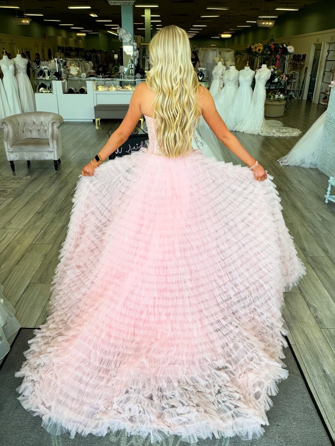 Embroidery Illusion Bodice Ball Gown Long Prom Dress - Pink