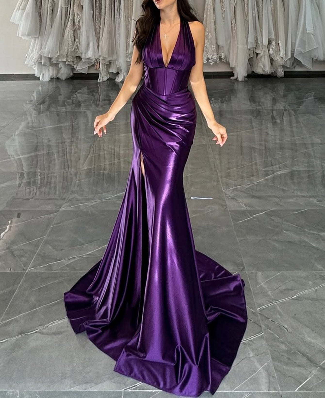 Halter Ruched Lace Up Bodice Mermaid Long Prom Dress - Purple