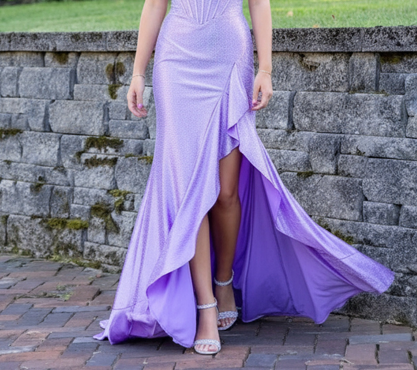 Strapless Sparkly Beading Pleated Bodice Long Mermaid Prom Dress With Slit - Lilac