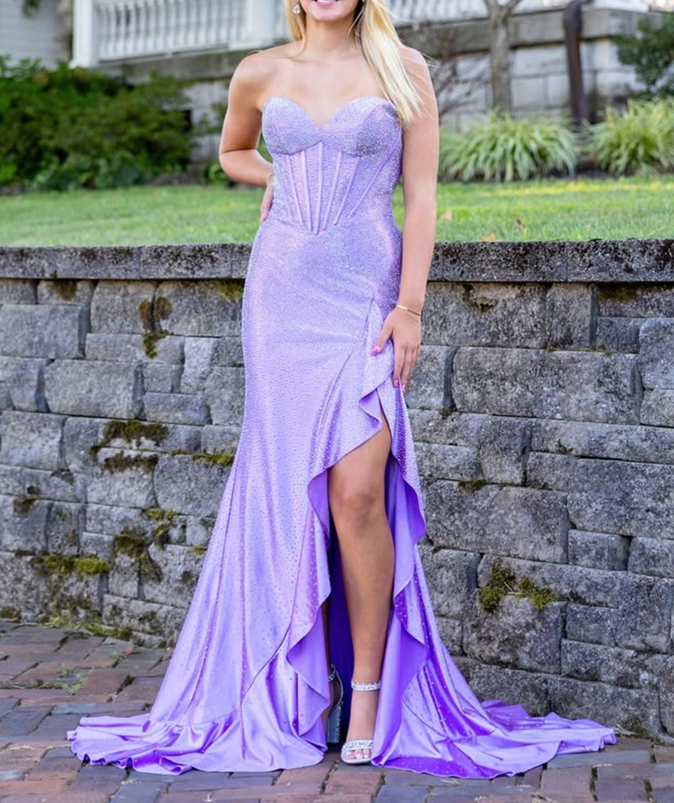 Strapless Sparkly Beading Pleated Bodice Long Mermaid Prom Dress With Slit - Lilac