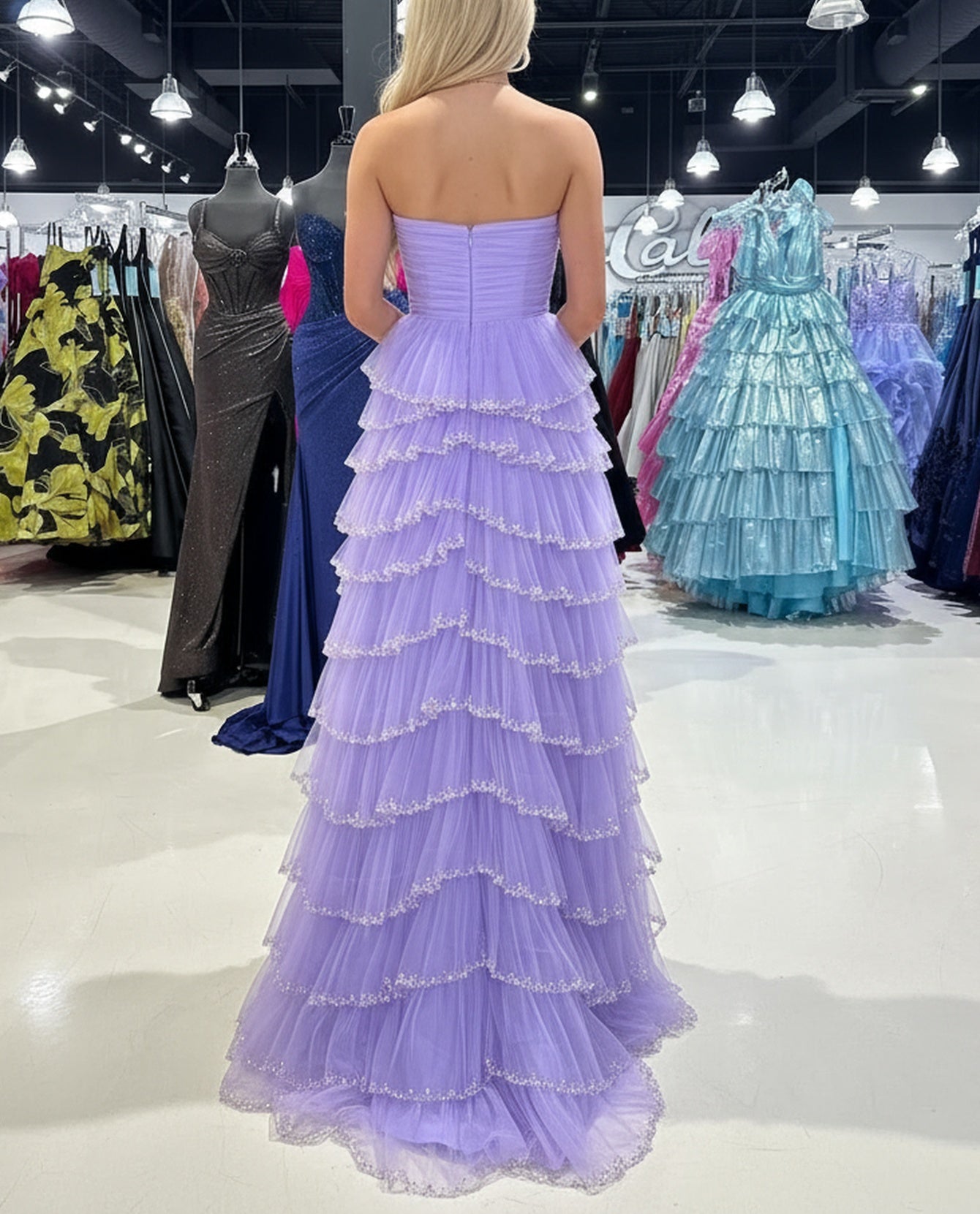 Strapless Pleated A-Line Bodice Long Prom Dress With Slit - Lilac