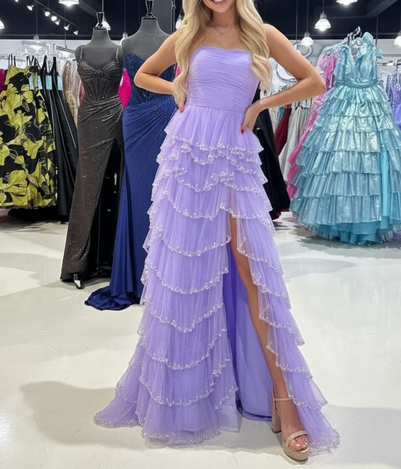 Strapless Pleated A-Line Bodice Long Prom Dress With Slit - Lilac