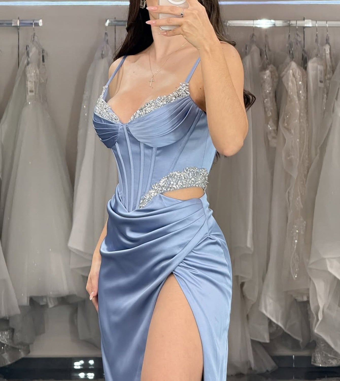 Cut Waist Ruched Sparkly Beading Bodice Mermaid Prom Dress With Slit - Sky Blue