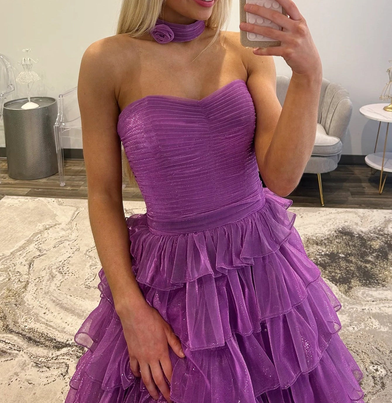 Pleated Strapless Layered Ball Gown Prom Dress With Choker Necklace - Purple