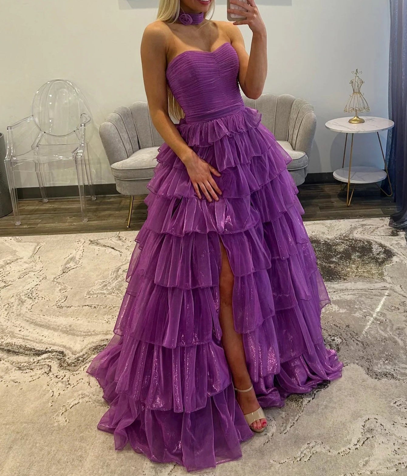 Pleated Strapless Layered Ball Gown Prom Dress With Choker Necklace - Purple