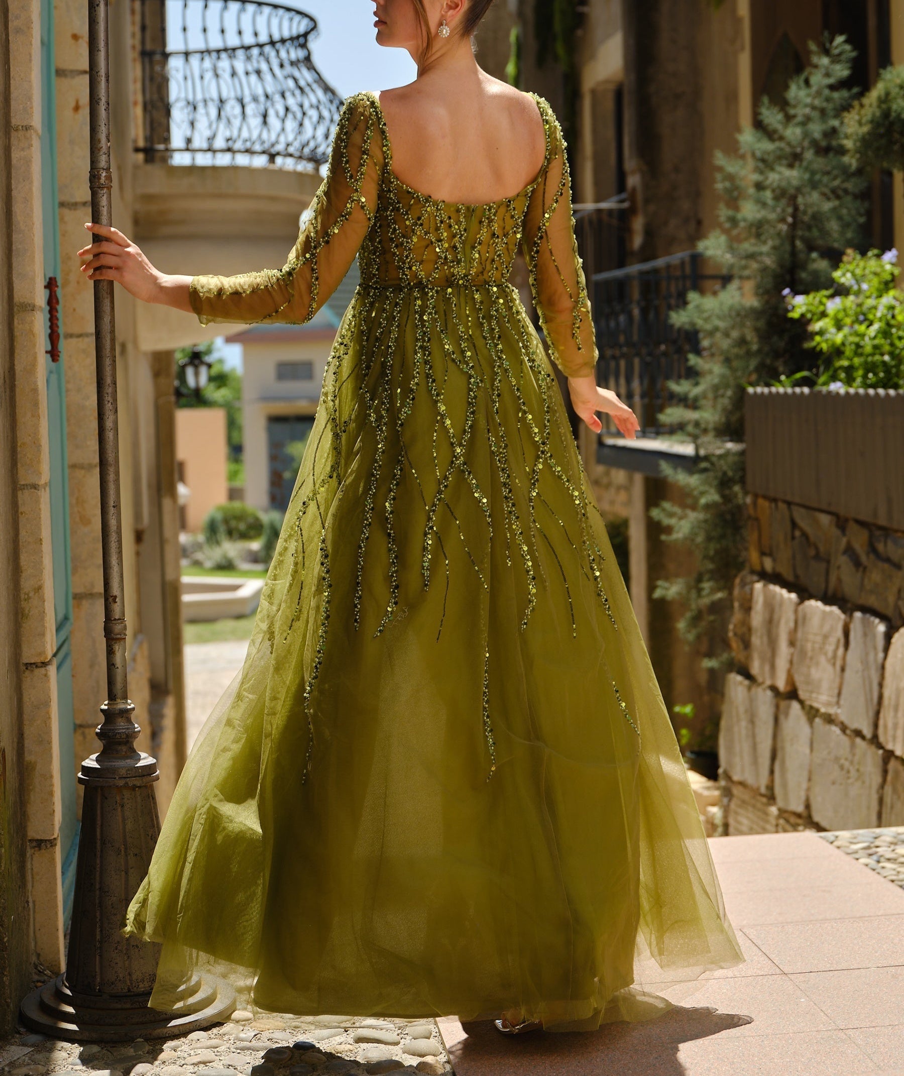Hand Beading Long Sleeves Illusion Prom Dress - Olive Green