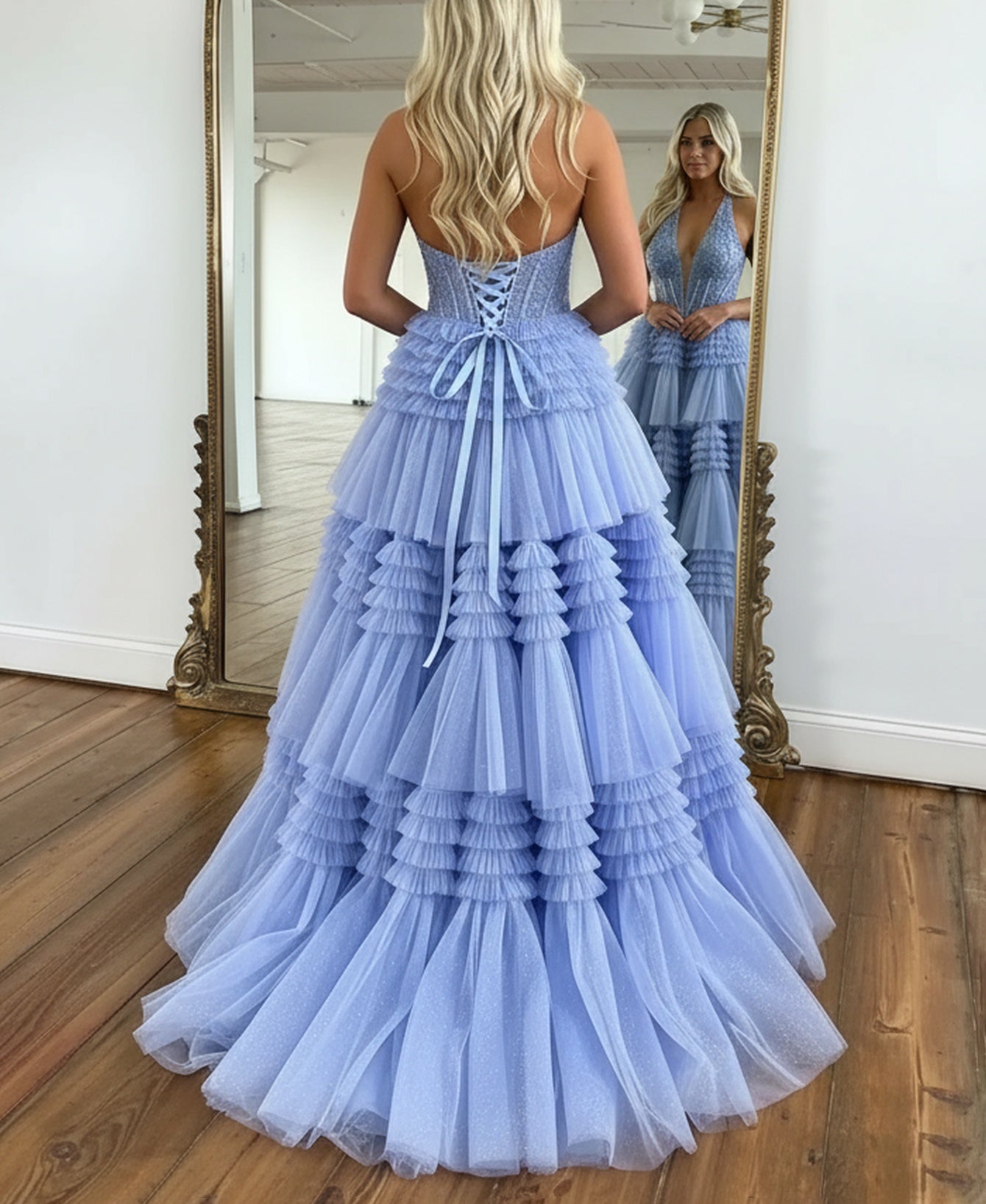 Halter Lace Up Illusion Embroidery Bodice Long Ball Gown Prom Dress With Slit - Lavender
