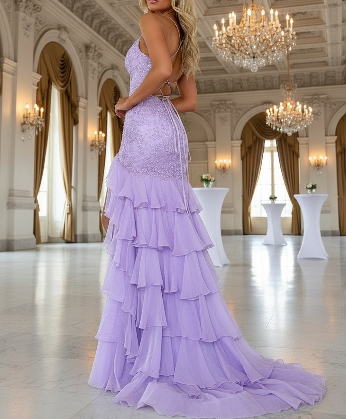 V-Neck Lace Up Embroidery Bodice Long Mermaid Prom Dress With Slit - Lilac