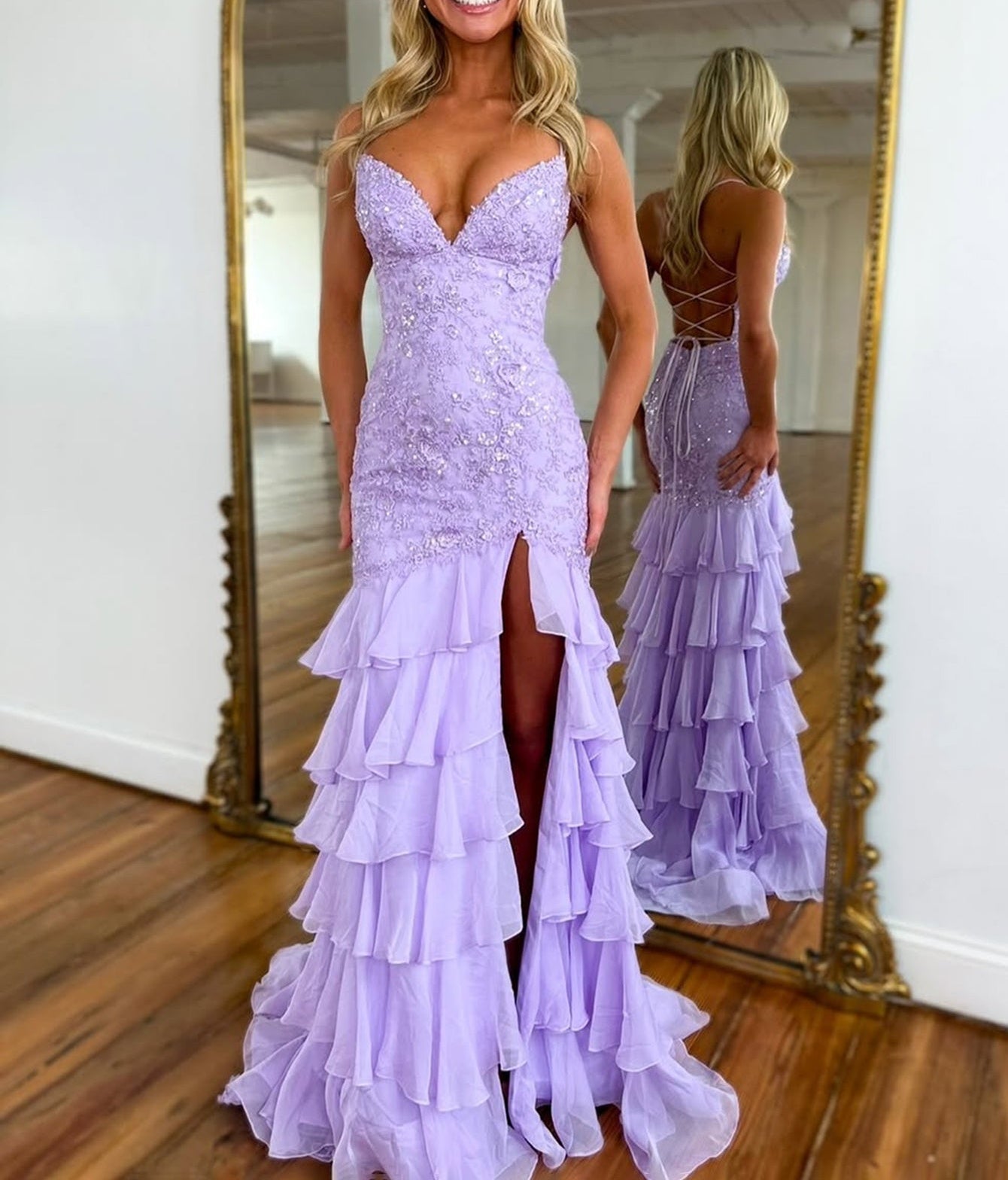 V-Neck Lace Up Embroidery Bodice Long Mermaid Prom Dress With Slit - Lilac