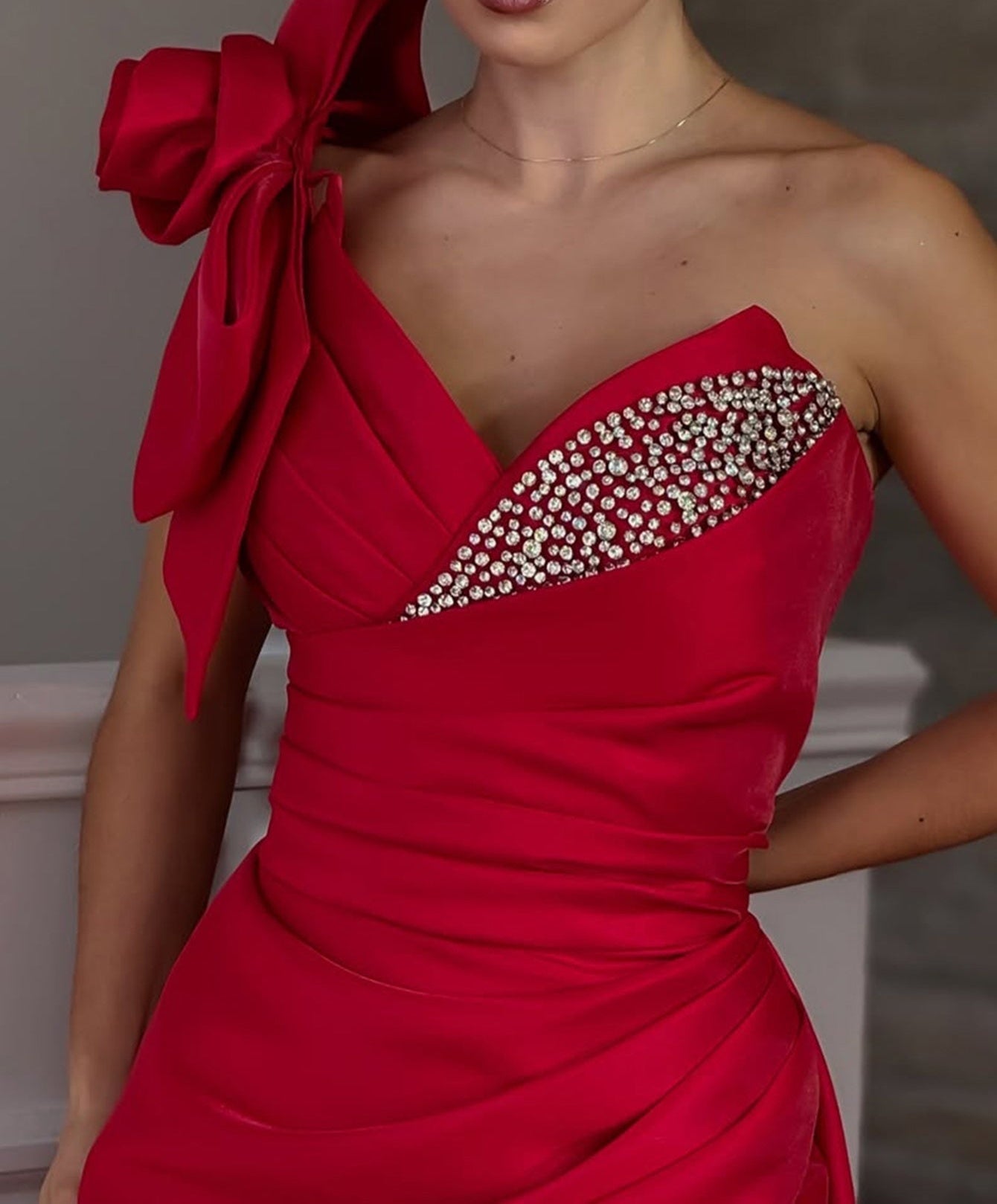 One Shoulder Beading 3D Flower Ruched Bodice Mermaid Prom Dress With Drop - Red