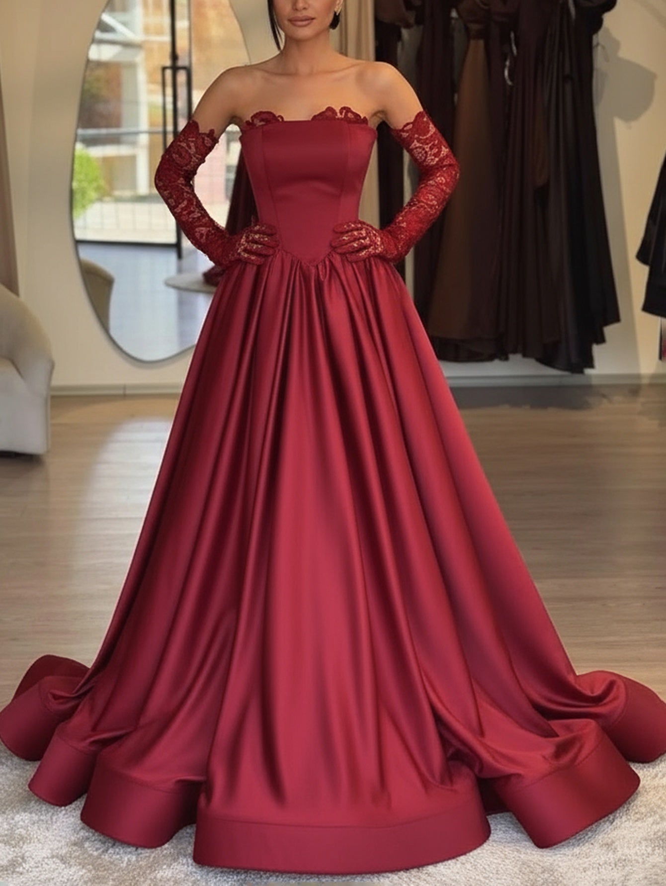 Strapless Lace Up Bodice Ball Gown Prom Dress With Detachable Sleeves - Red