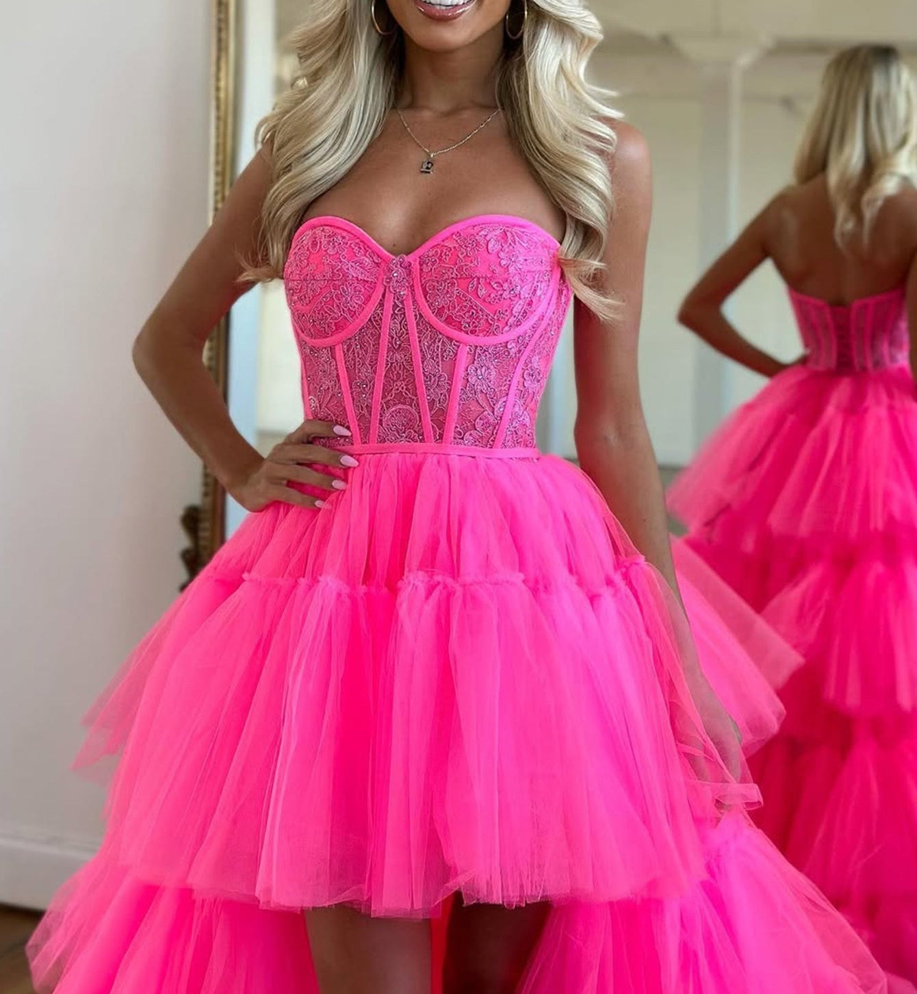 Strapless Lace Up Bodice High-Low Prom Dress With Ruffled Hem - Hot Pink