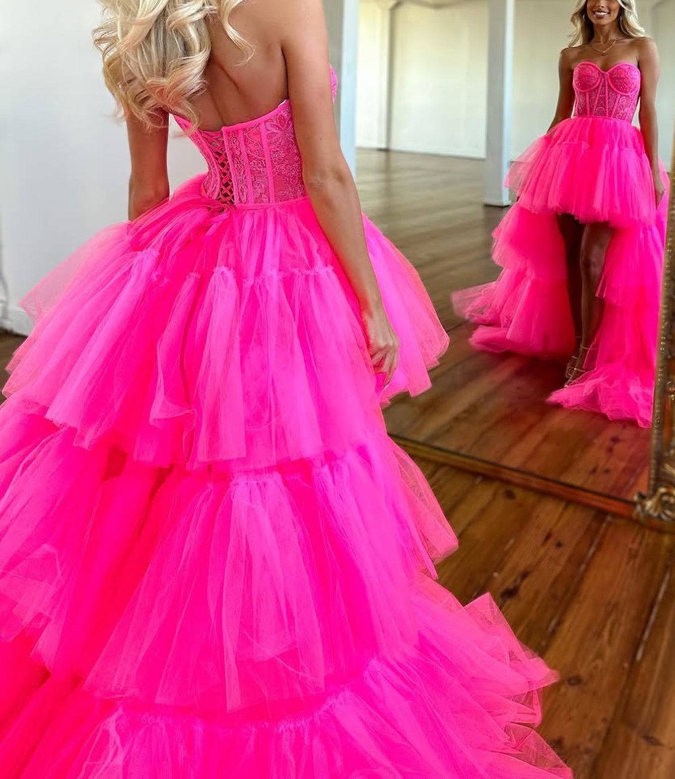 Strapless Lace Up Bodice High-Low Prom Dress With Ruffled Hem - Hot Pink