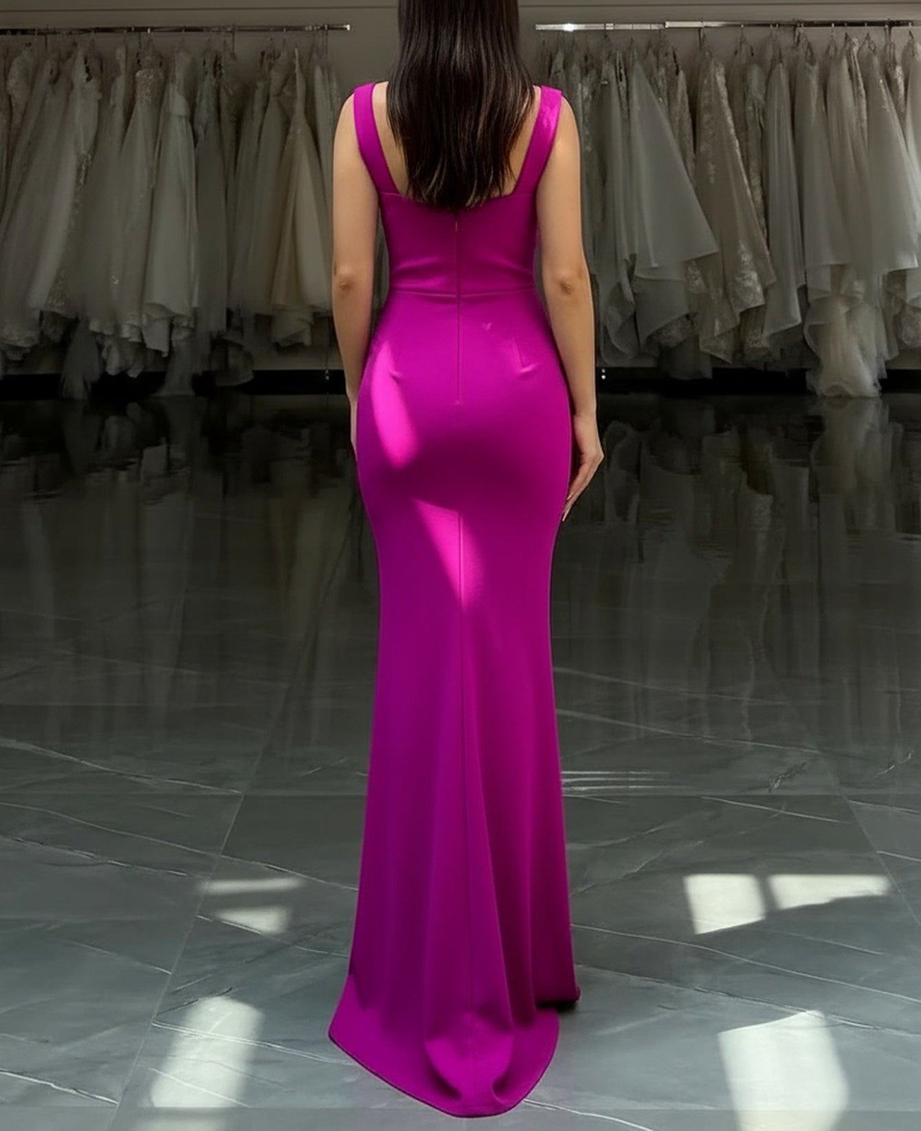 Tank Square Neck Ruched Bodice Mermaid Prom Dress - Hot Pink