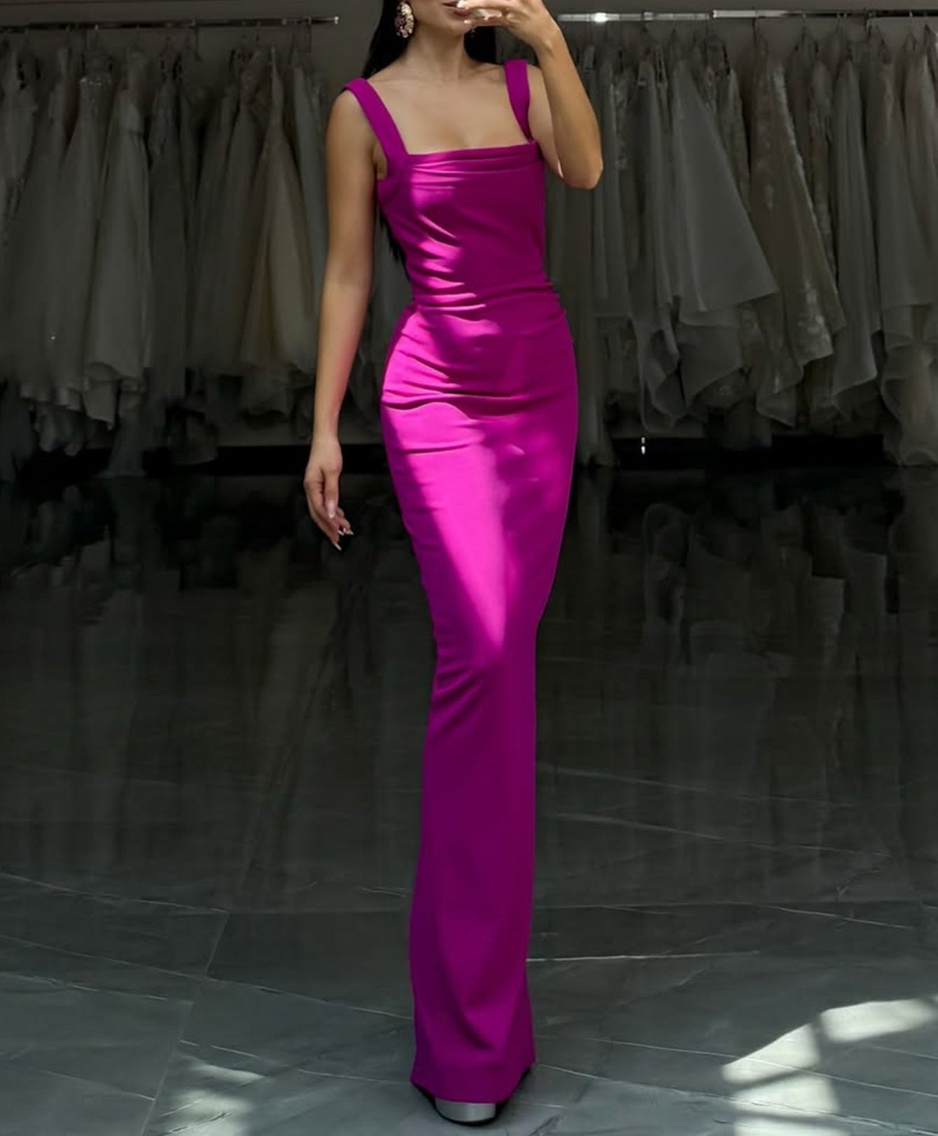 Tank Square Neck Ruched Bodice Mermaid Prom Dress - Hot Pink