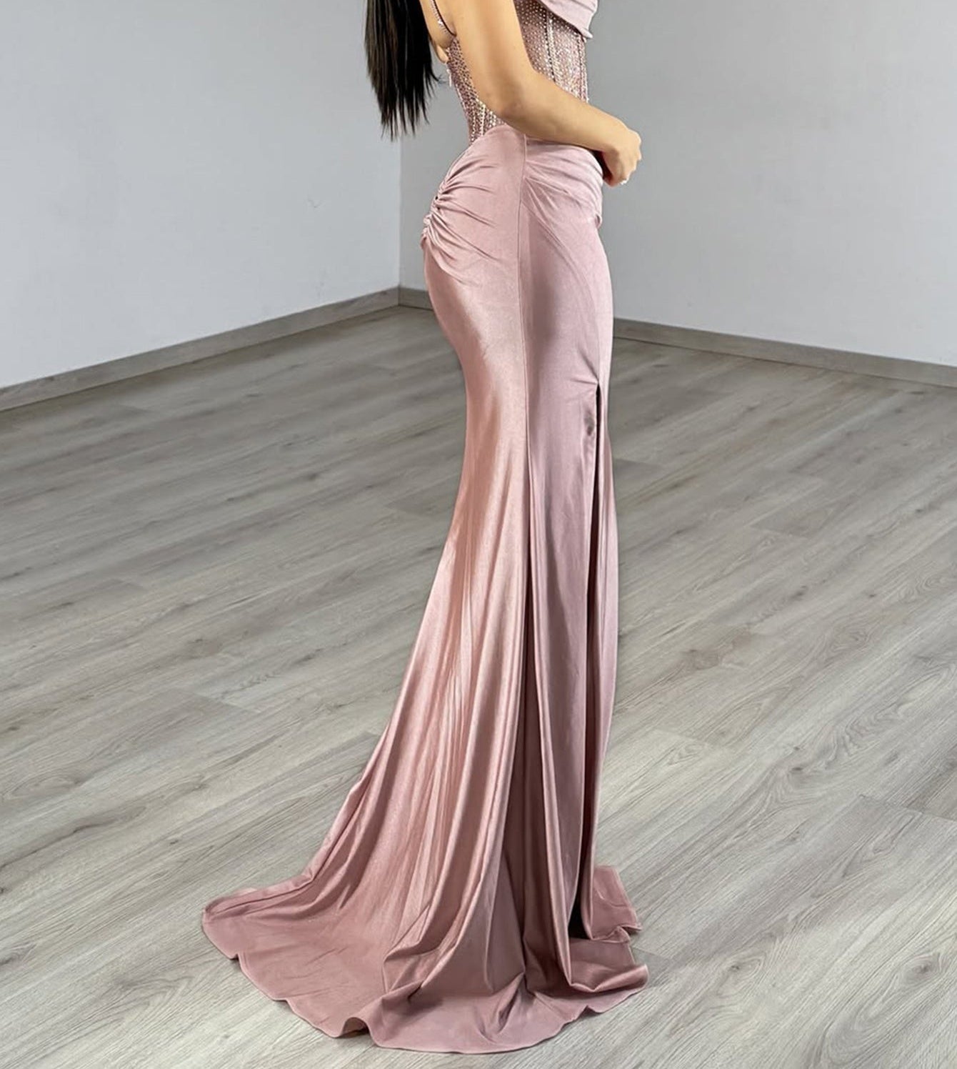 Sheer Bodice Mermaid Prom Dress Long With Slit - Dusty Rose