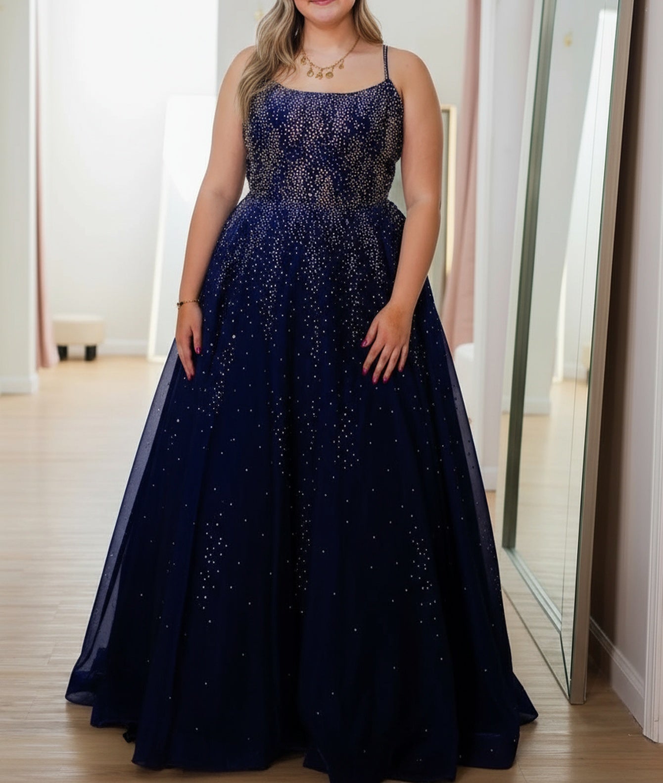 Spaghetti Strap Hot Fix Crystal Lace Up Bodice Ball Gown Prom Dress - Navy Blue