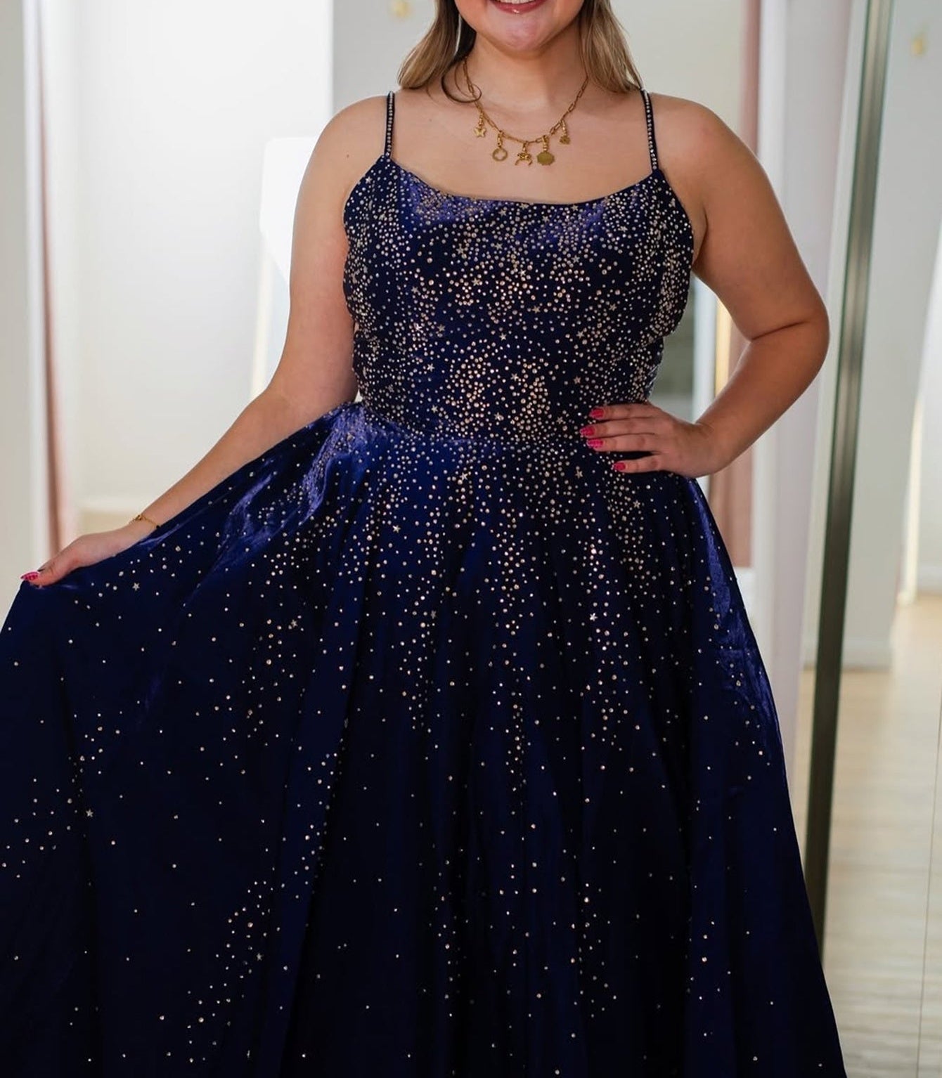 Spaghetti Strap Hot Fix Crystal Lace Up Bodice Ball Gown Prom Dress - Navy Blue