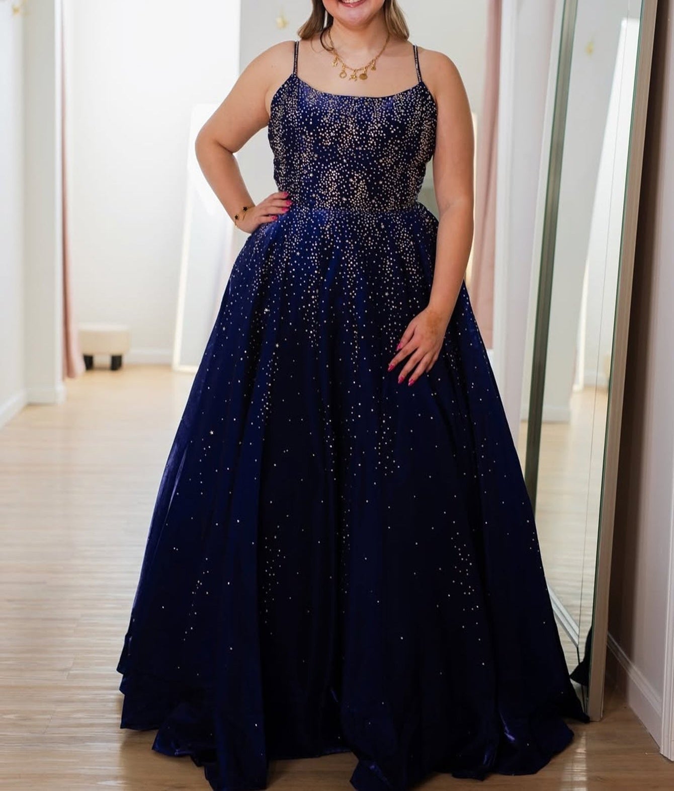 Spaghetti Strap Hot Fix Crystal Lace Up Bodice Ball Gown Prom Dress - Navy Blue