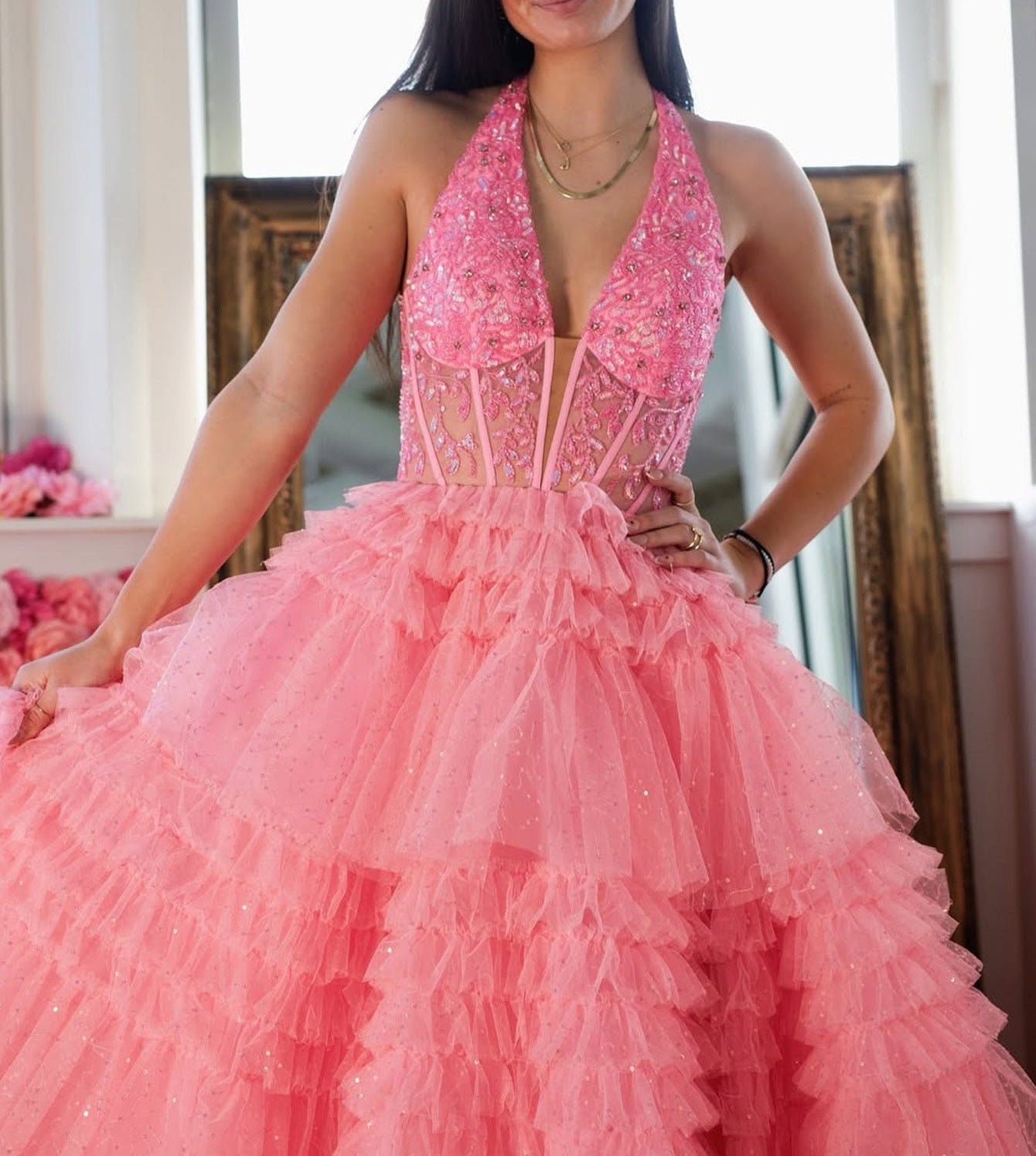 Halter Illusion Beading Embroidery Bodice Ball Gown Prom Dress With Ruffle Hem - Pink