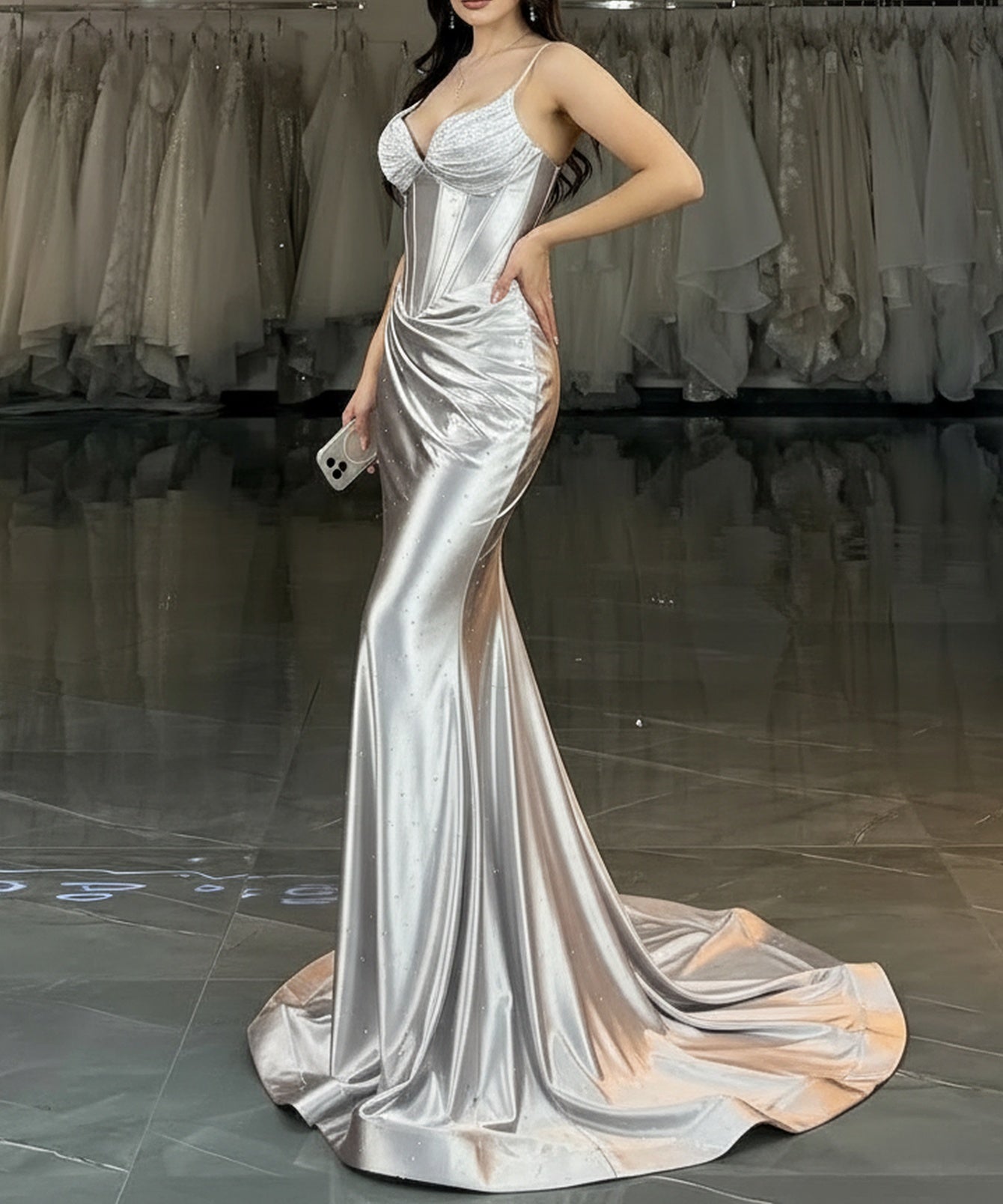 Spaghetti Strap Hand Beading Ruched Bodice Mermaid Prom Dress - Silver
