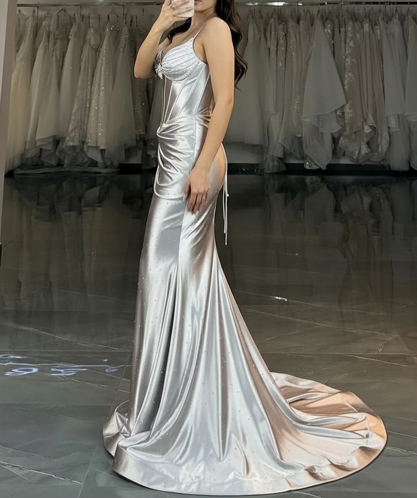 Spaghetti Strap Hand Beading Ruched Bodice Mermaid Prom Dress - Silver