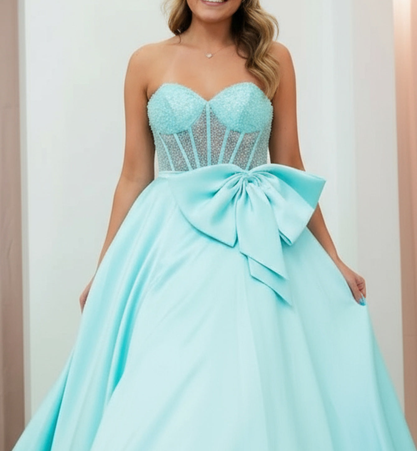 Strapless Big Bow Illusion Bodice Ball Gown Prom Dress - Sky Blue