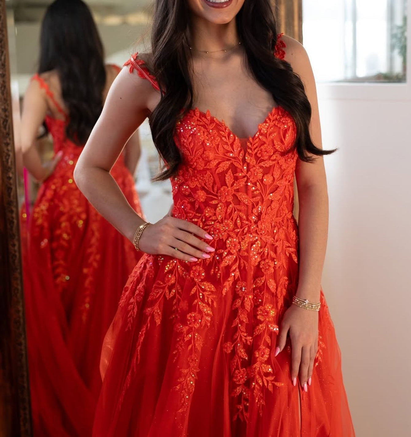 Lace Up V-Neck Beading Floral Embroidery Bodice Ball Gown Prom Dress With Slit - Orange