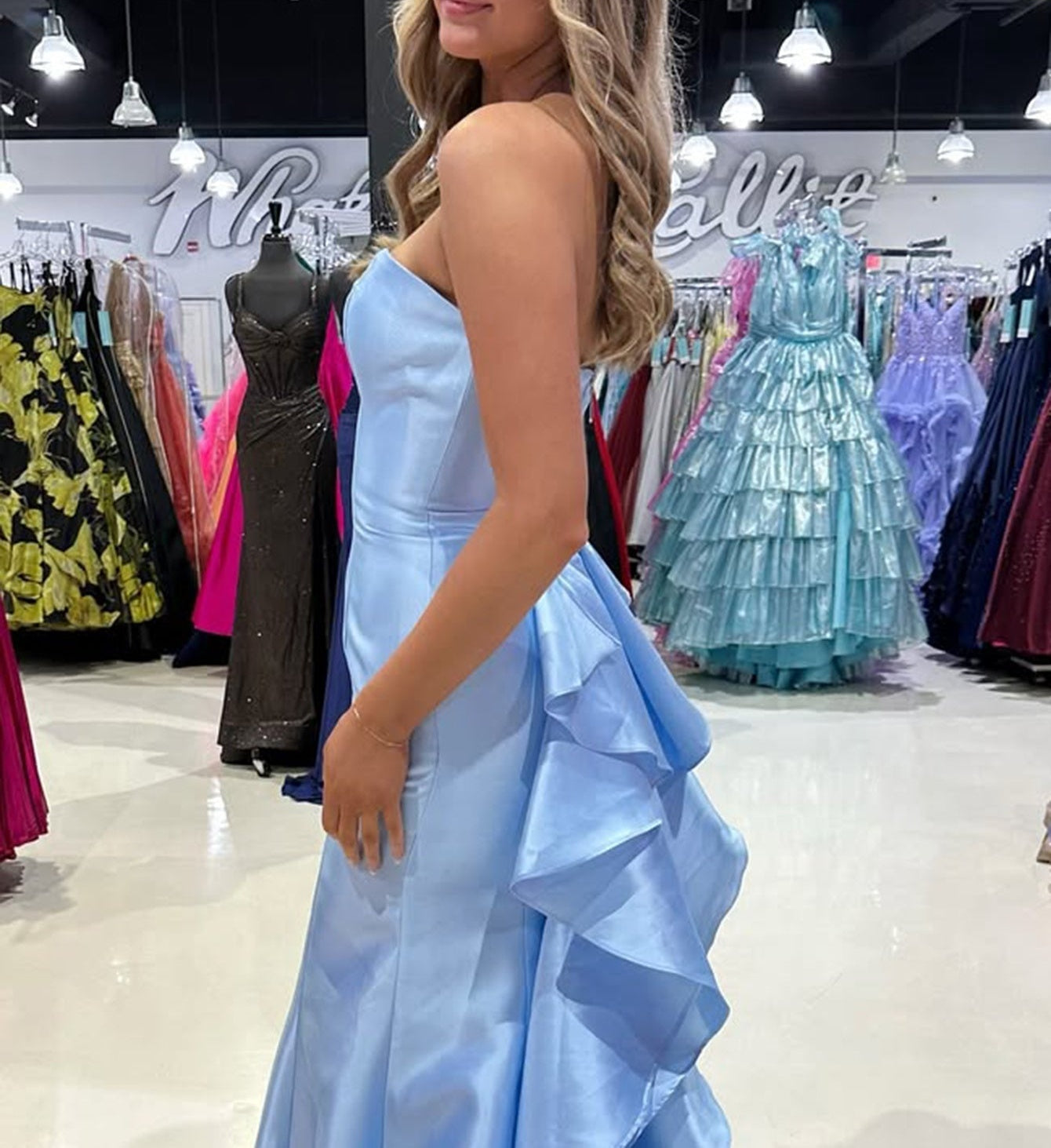 Strapless Layered Ruffle Bodice Long Mermaid Prom Dress - Sky Blue